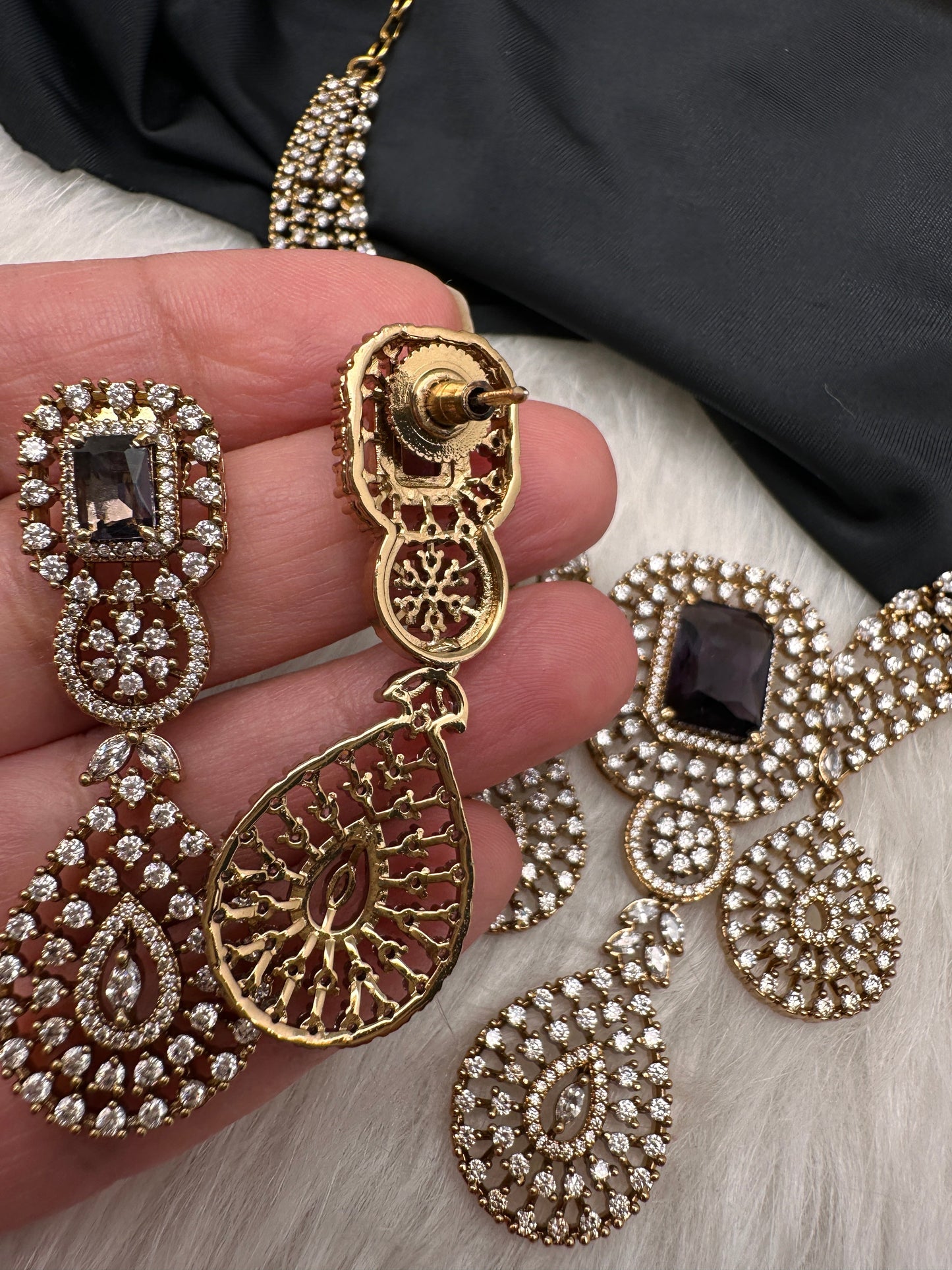 CZ Victorian Color Stone Neckline Necklace - Purple