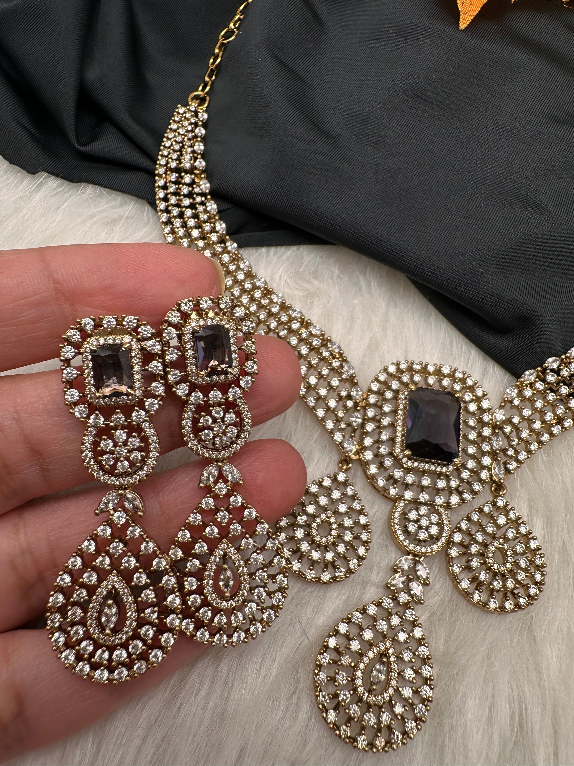 CZ Victorian Color Stone Neckline Necklace - Purple