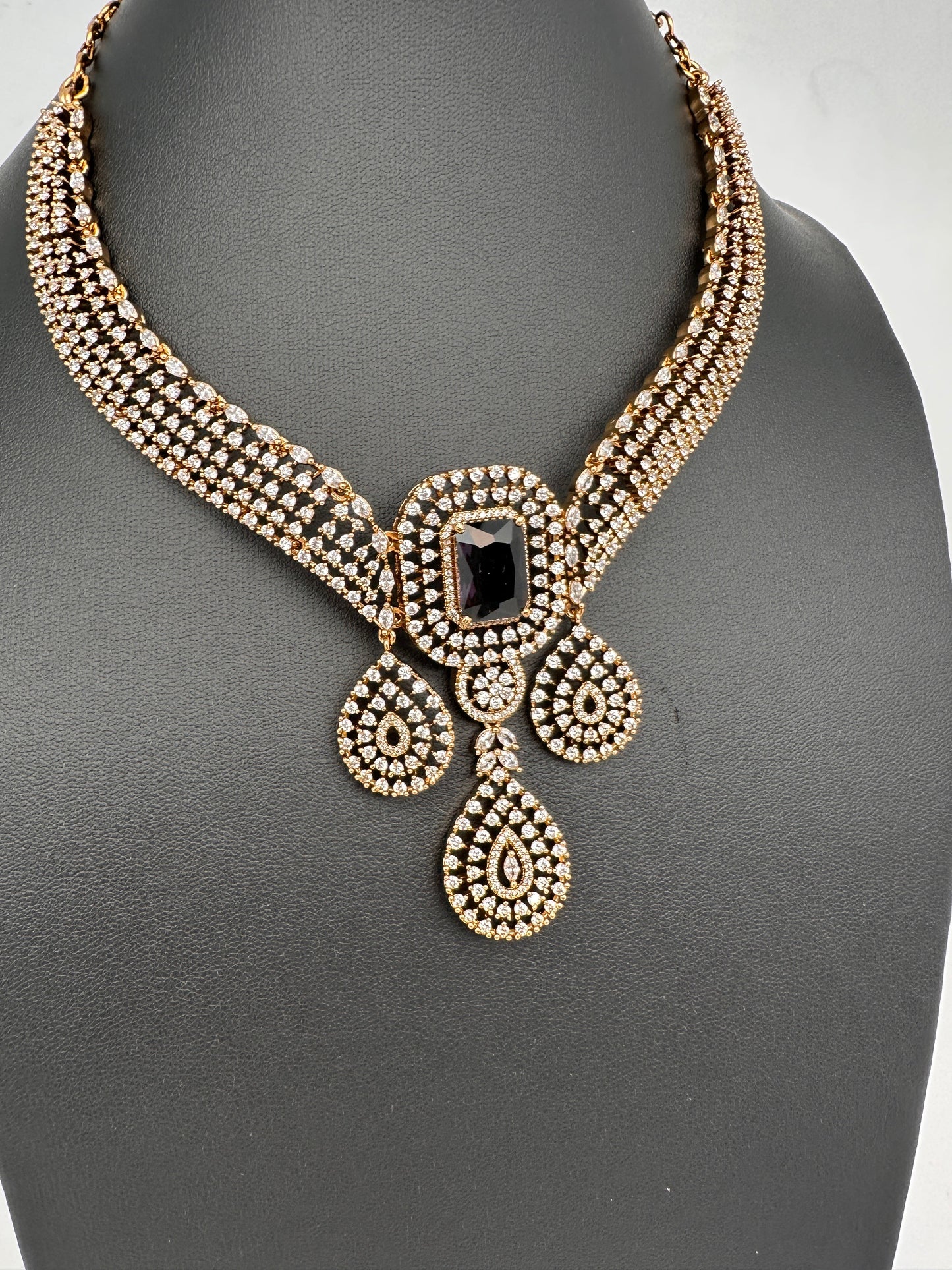 CZ Victorian Color Stone Neckline Necklace - Purple