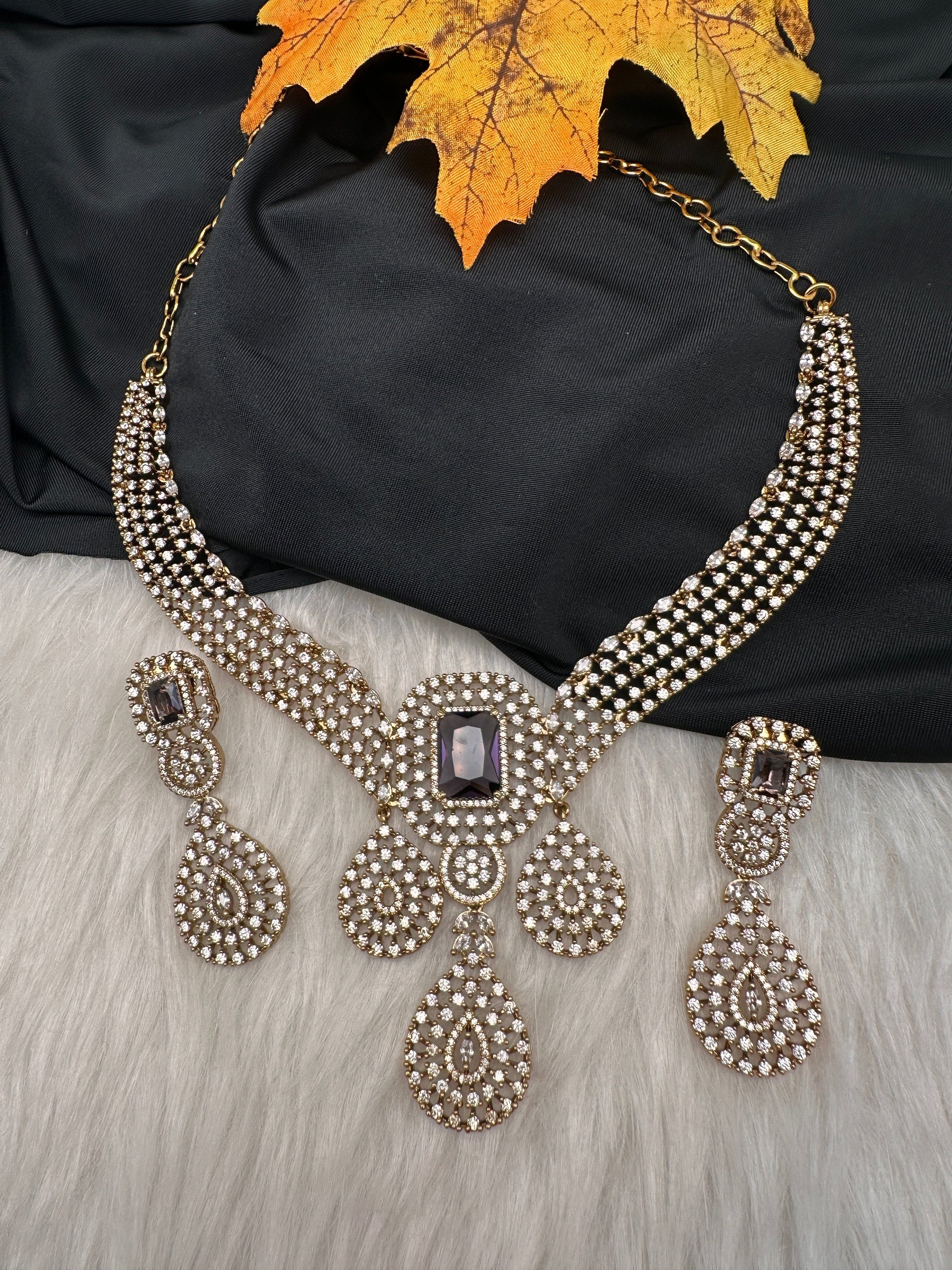 CZ Victorian Color Stone Neckline Necklace - Purple