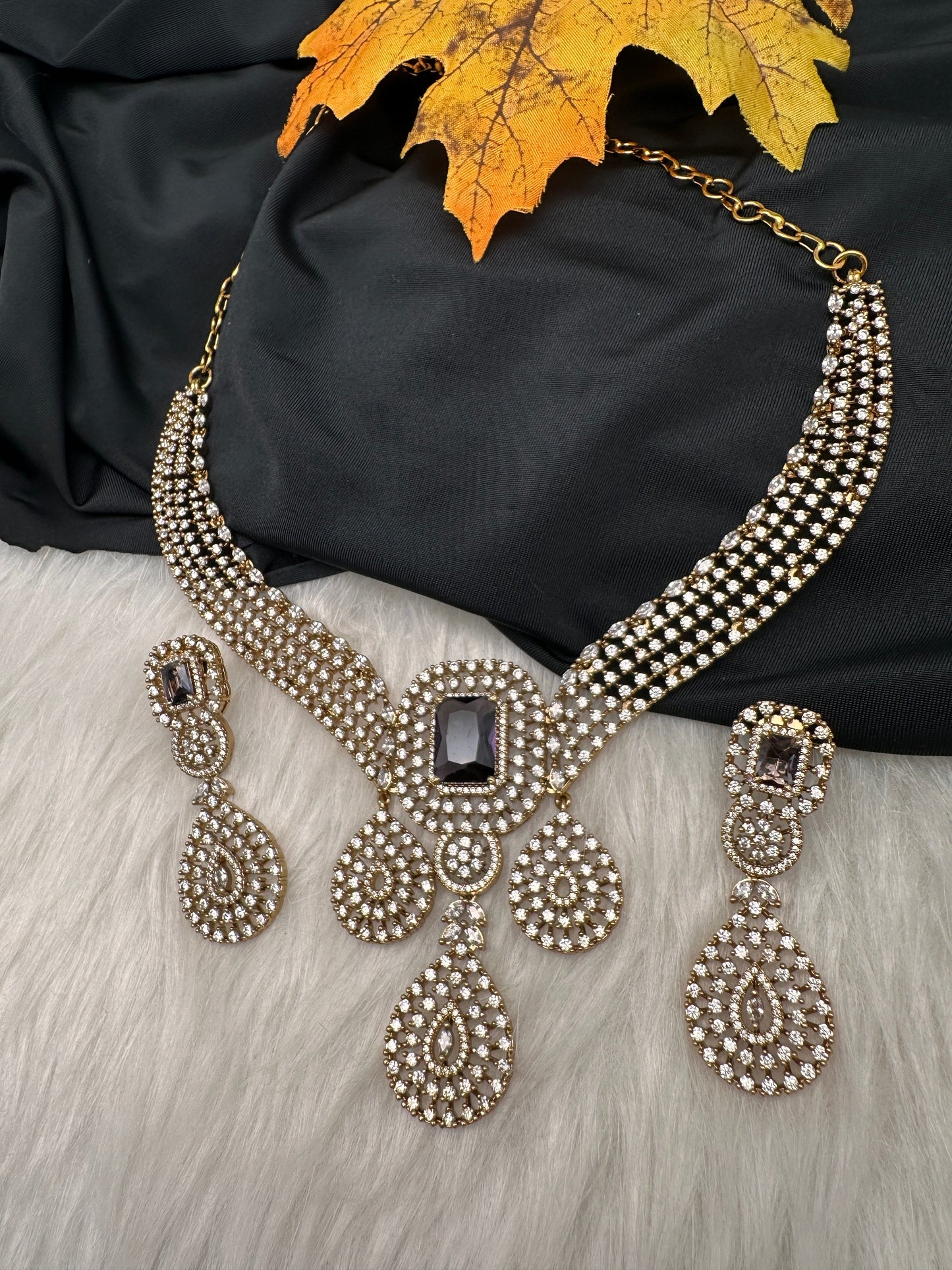 CZ Victorian Color Stone Neckline Necklace - Purple