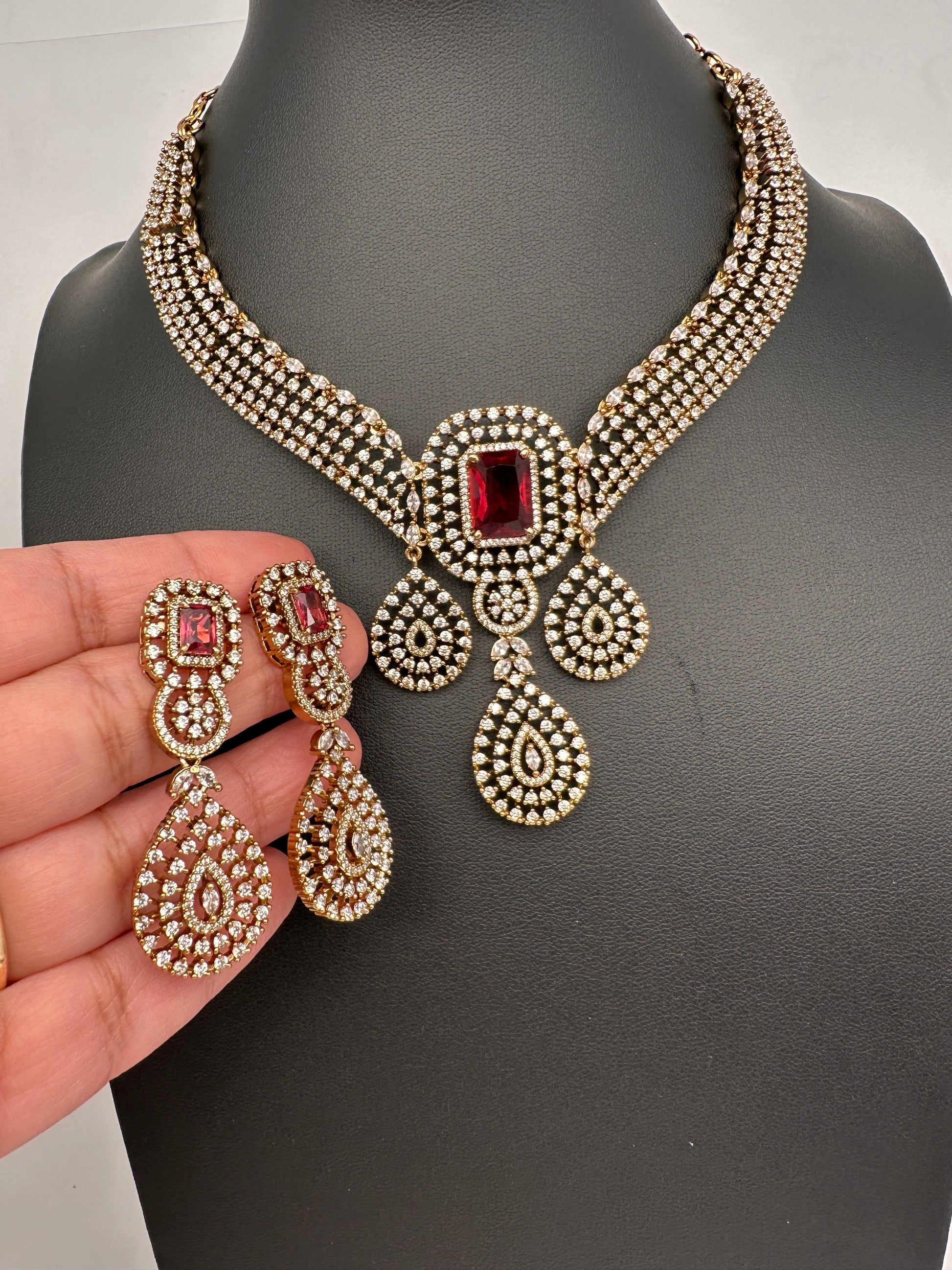 CZ Victorian Color Stone Neckline Necklace - Red