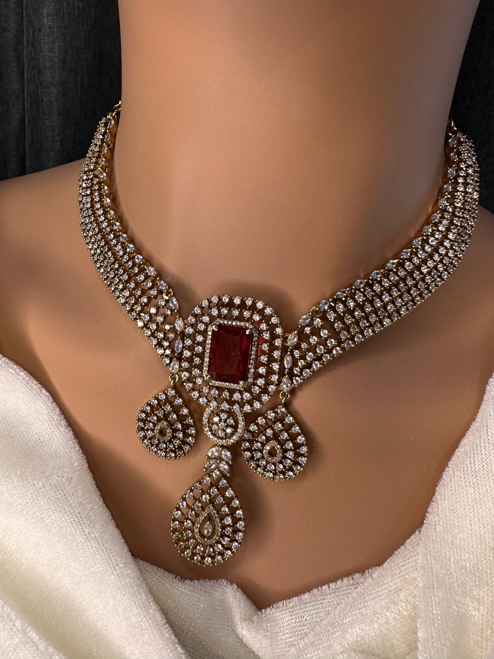 CZ Victorian Color Stone Neckline Necklace - Red