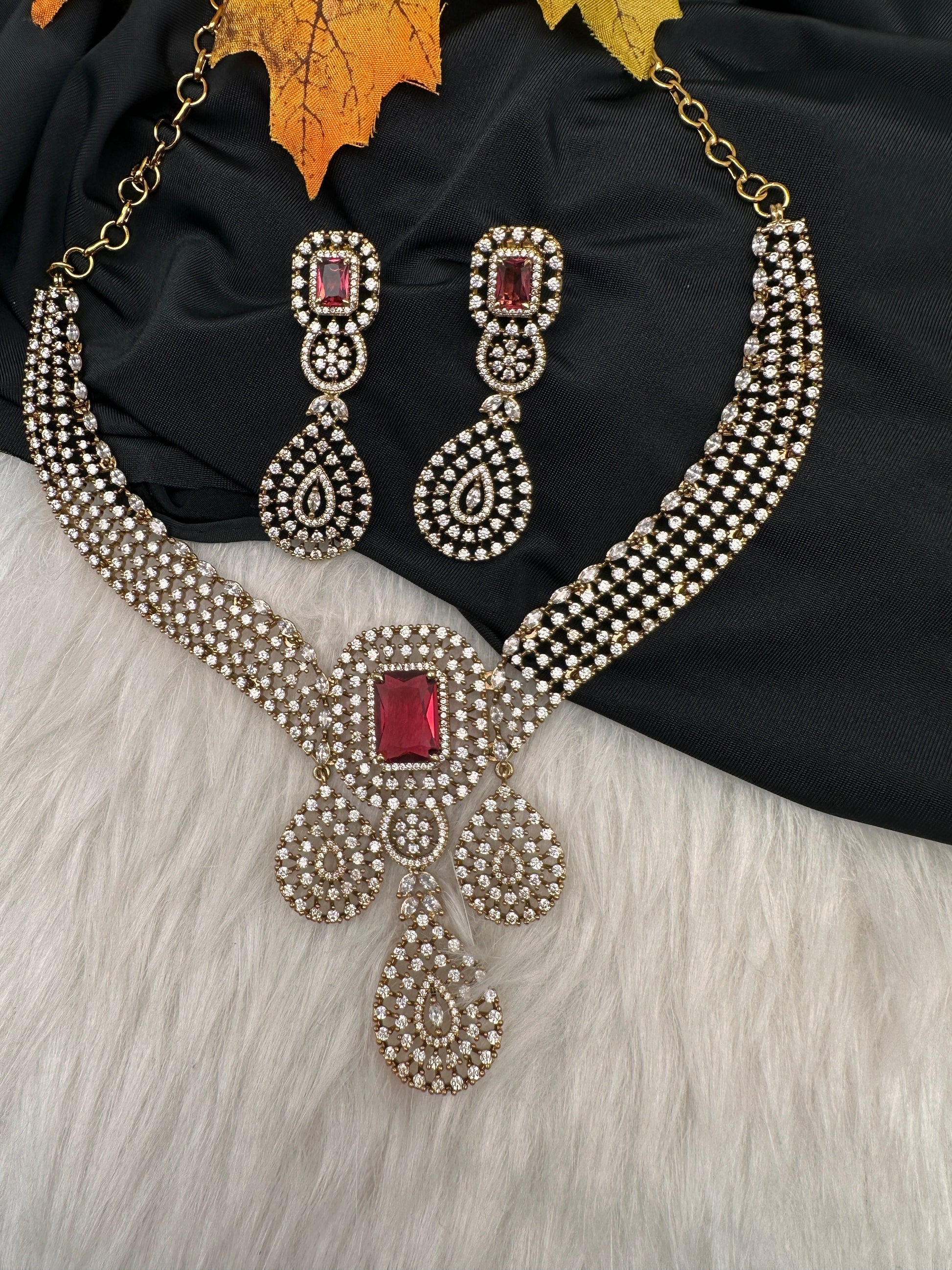 CZ Victorian Color Stone Neckline Necklace - Red