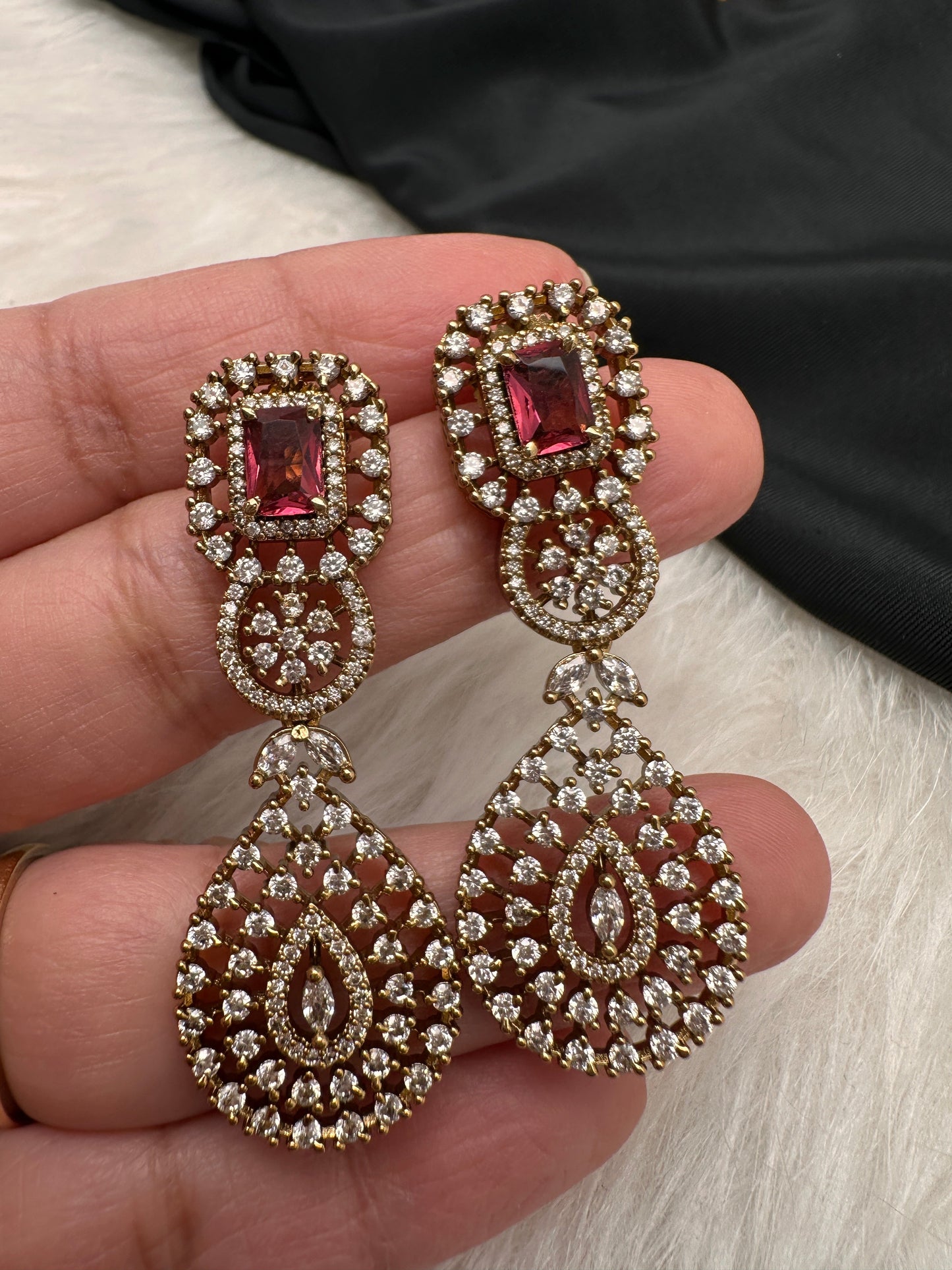 CZ Victorian Color Stone Neckline Necklace - Red