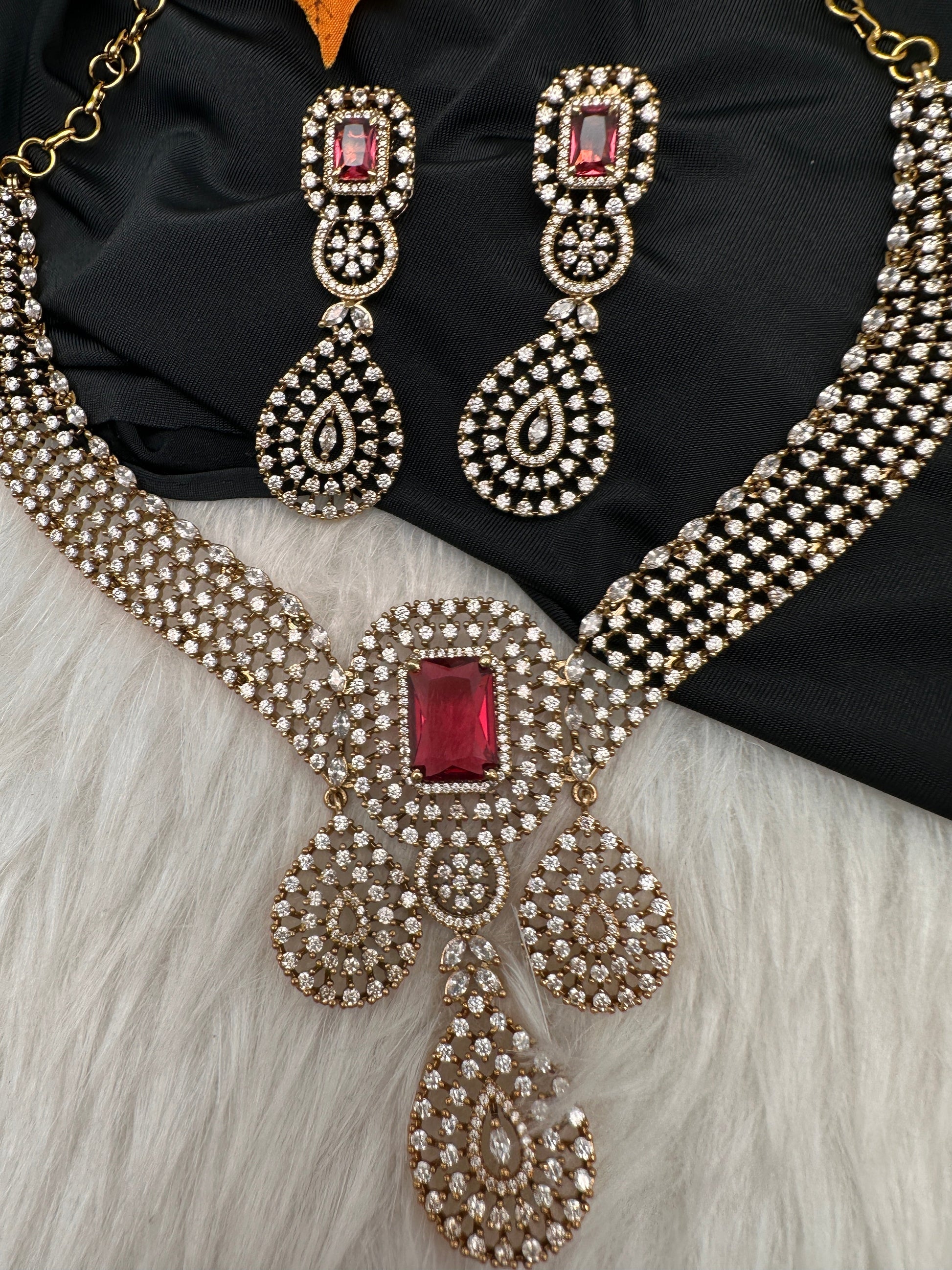 CZ Victorian Color Stone Neckline Necklace - Red