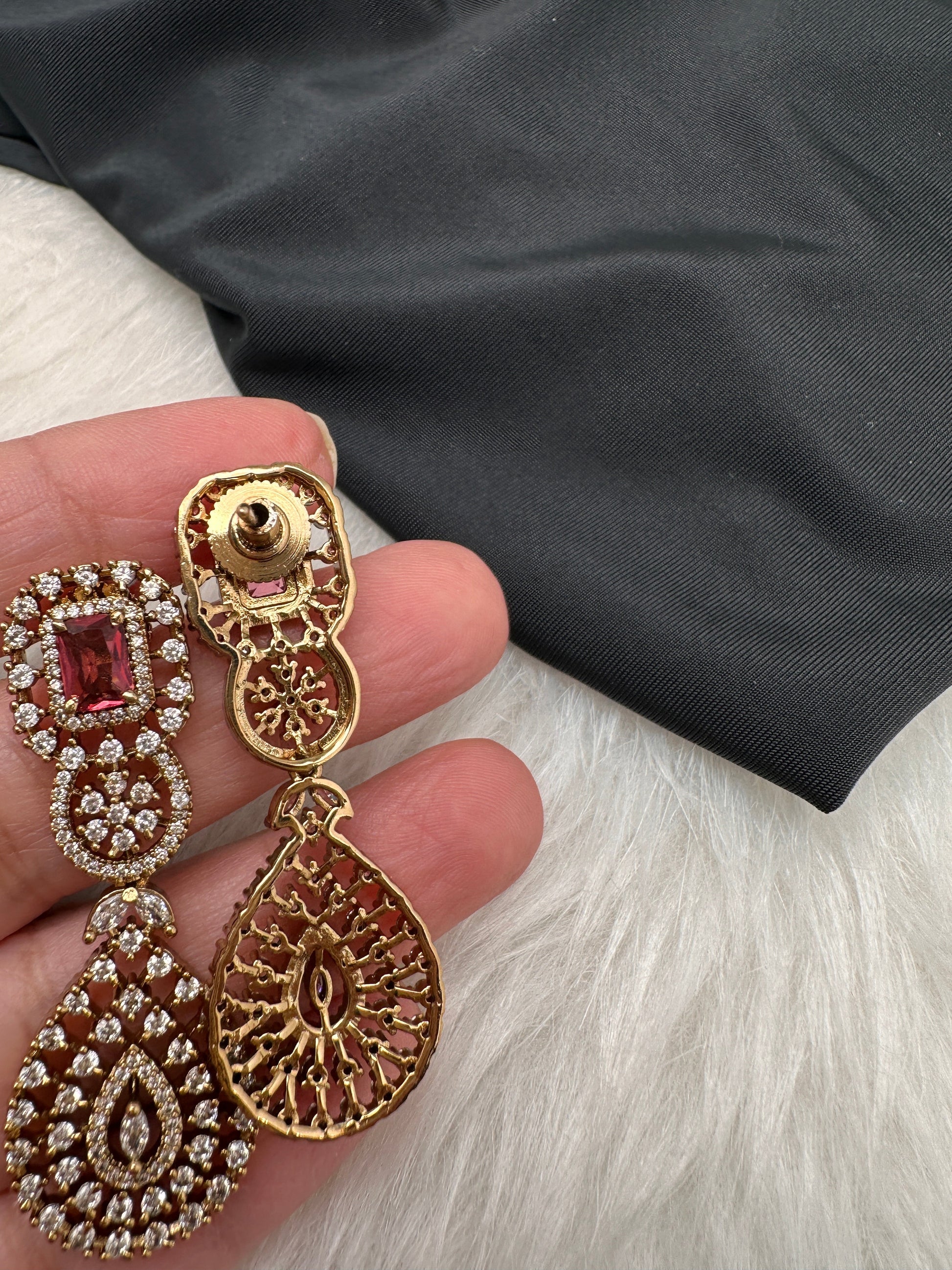 CZ Victorian Color Stone Neckline Necklace - Red