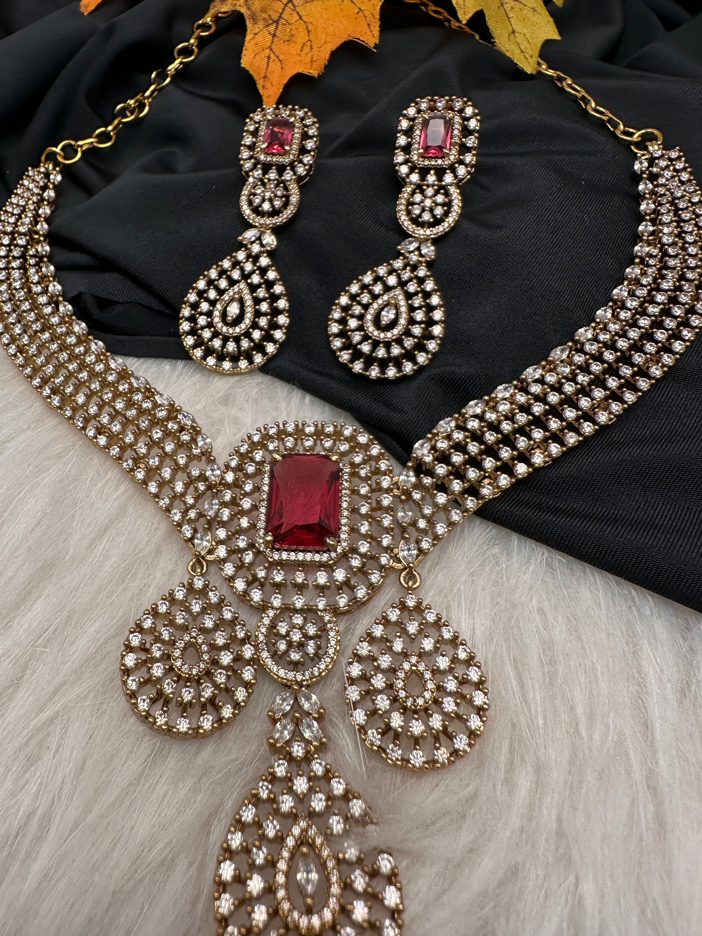 CZ Victorian Color Stone Neckline Necklace - Red