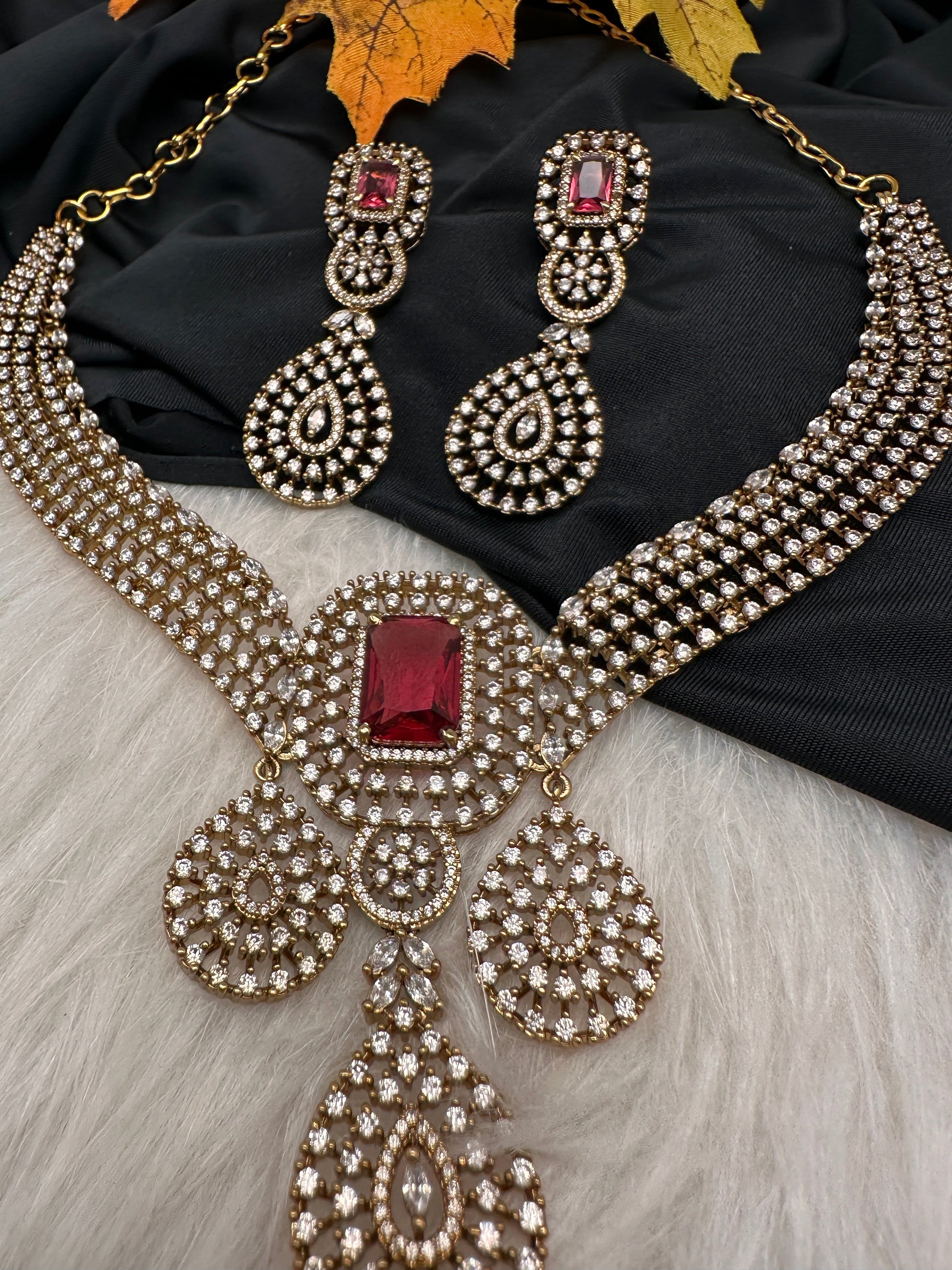 CZ Victorian Color Stone Neckline Necklace - Red