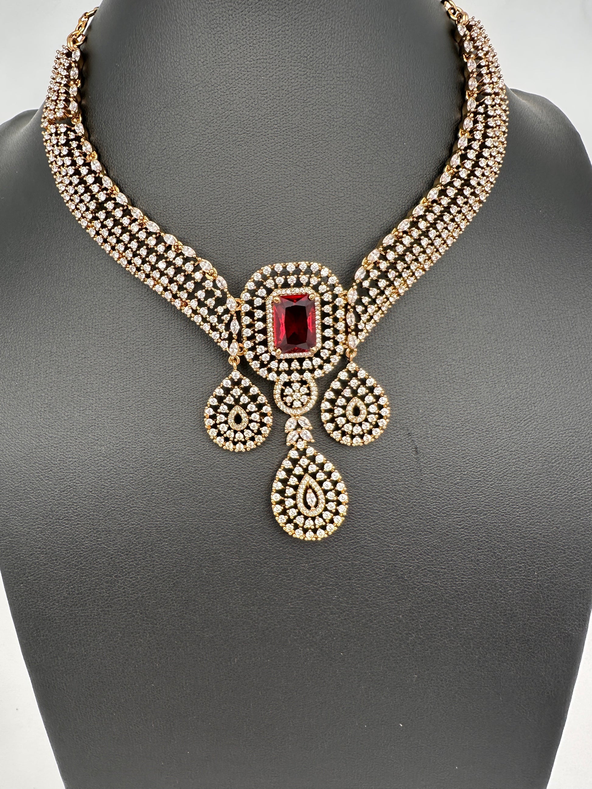 CZ Victorian Color Stone Neckline Necklace - Red