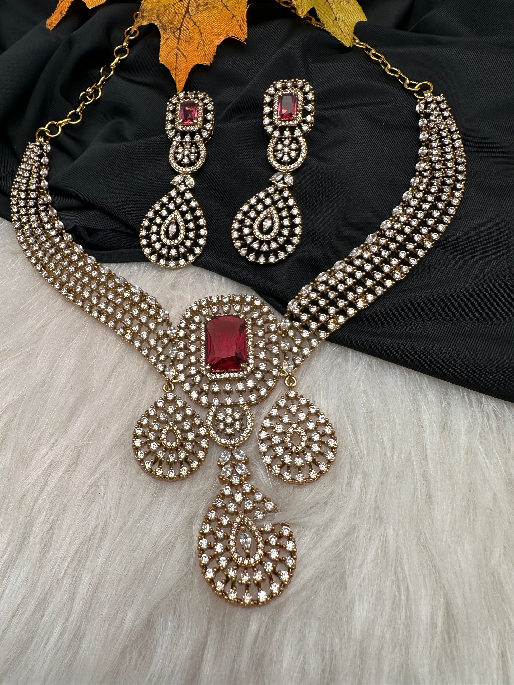 CZ Victorian Color Stone Neckline Necklace - Red