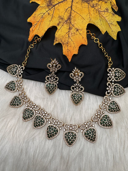 CZ Victorian Color Stone Nano Setting Neckline Necklace - Green