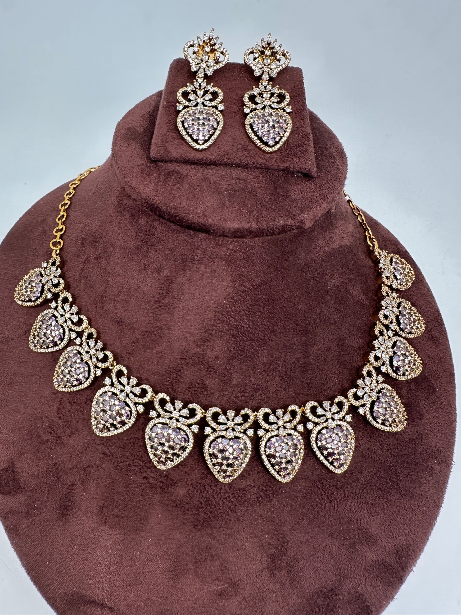 CZ Victorian Color Stone Nano Setting Neckline Necklace - Purple