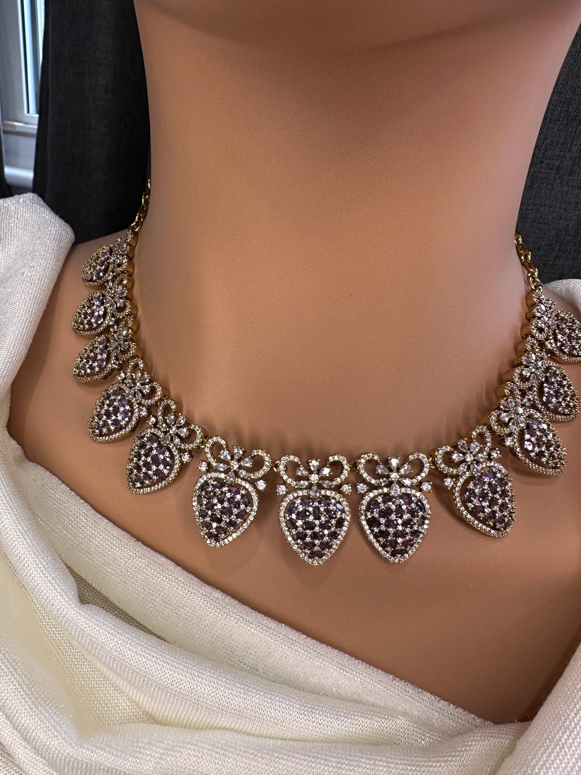 CZ Victorian Color Stone Nano Setting Neckline Necklace - Purple