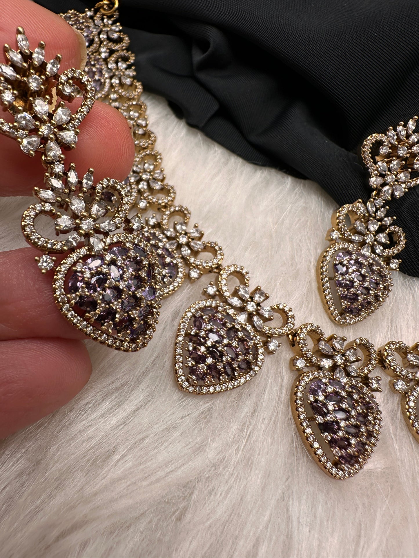 CZ Victorian Color Stone Nano Setting Neckline Necklace - Purple