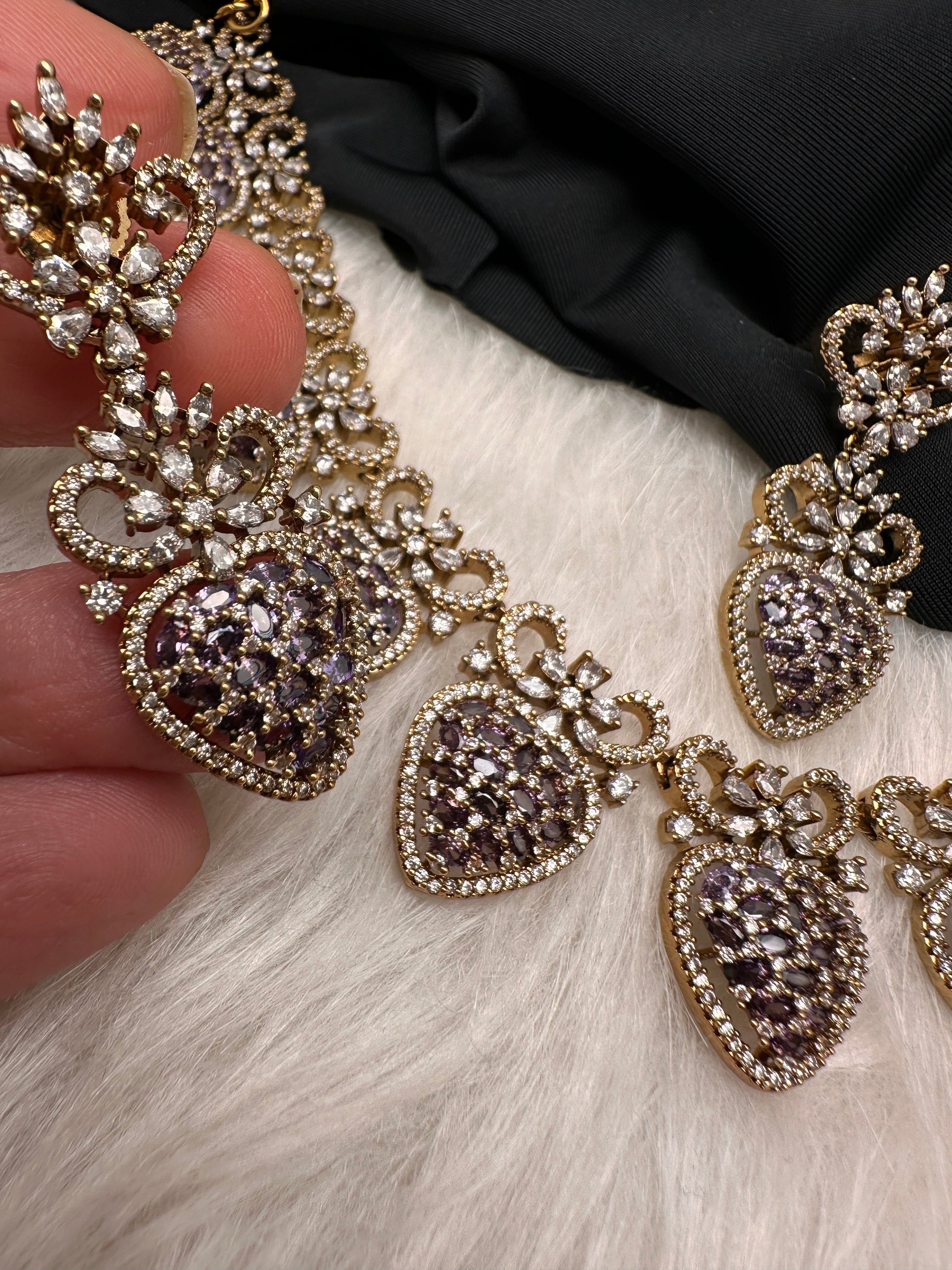 CZ Victorian Color Stone Nano Setting Neckline Necklace - Purple