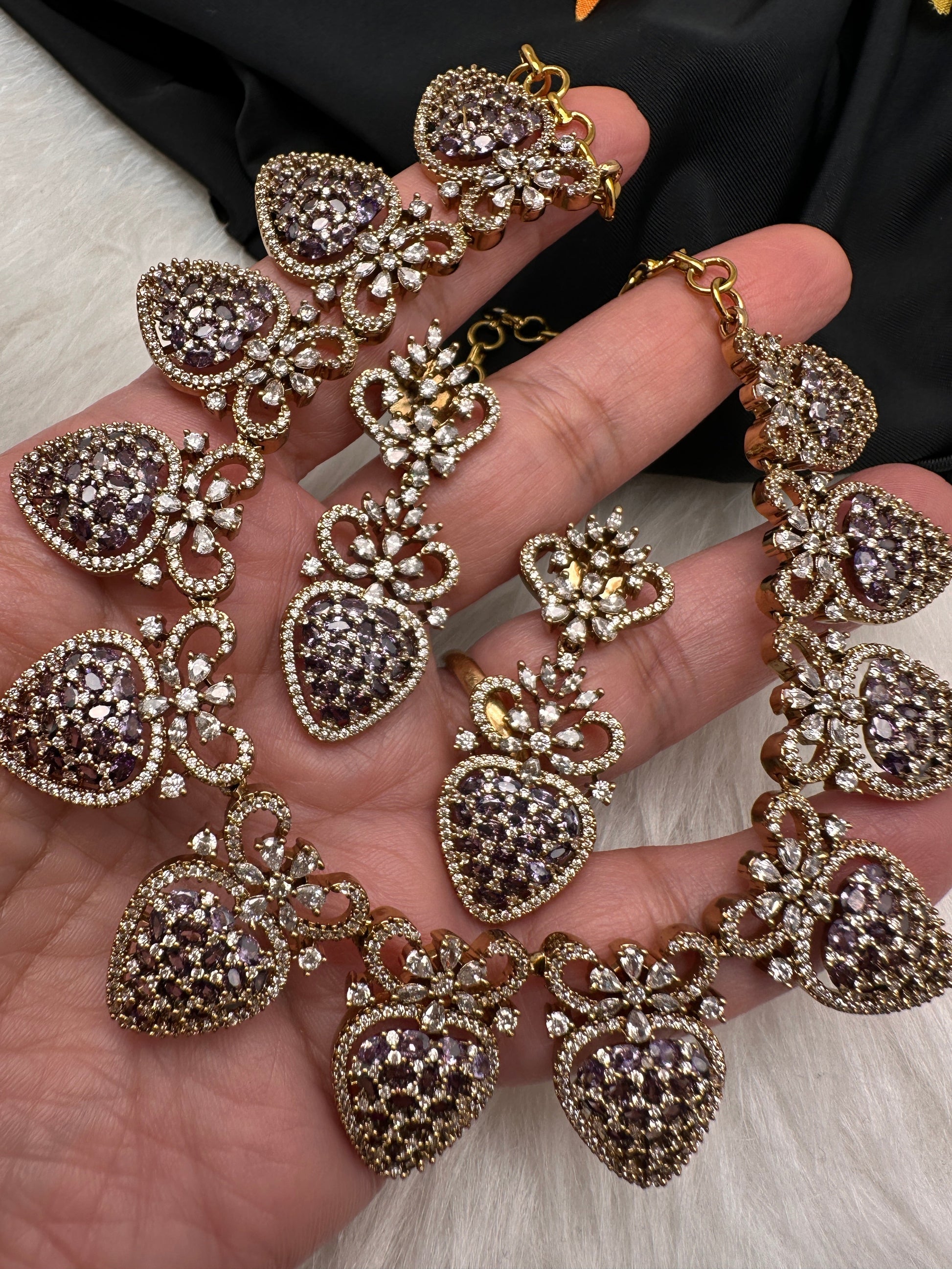 CZ Victorian Color Stone Nano Setting Neckline Necklace - Purple
