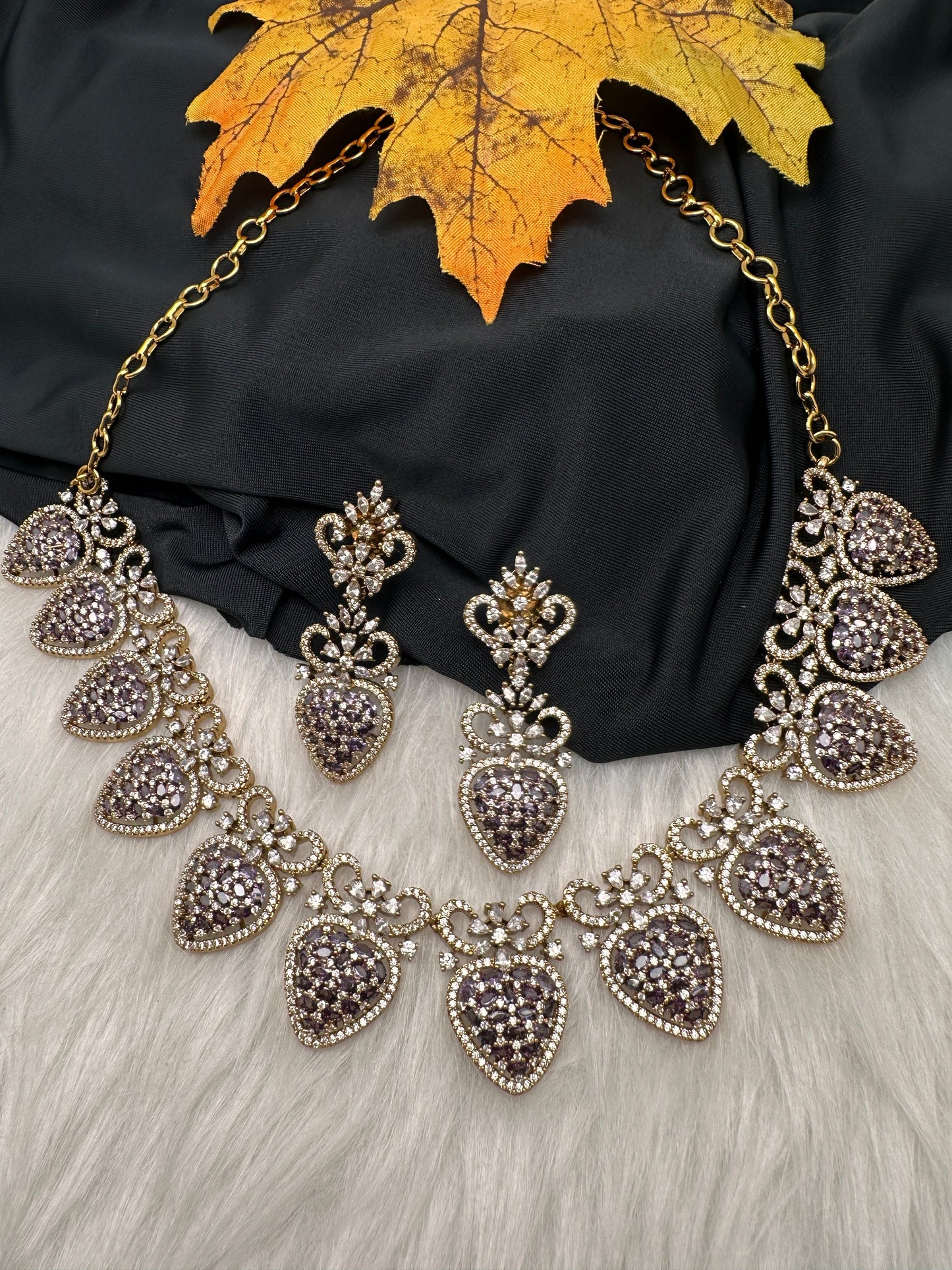 CZ Victorian Color Stone Nano Setting Neckline Necklace - Purple