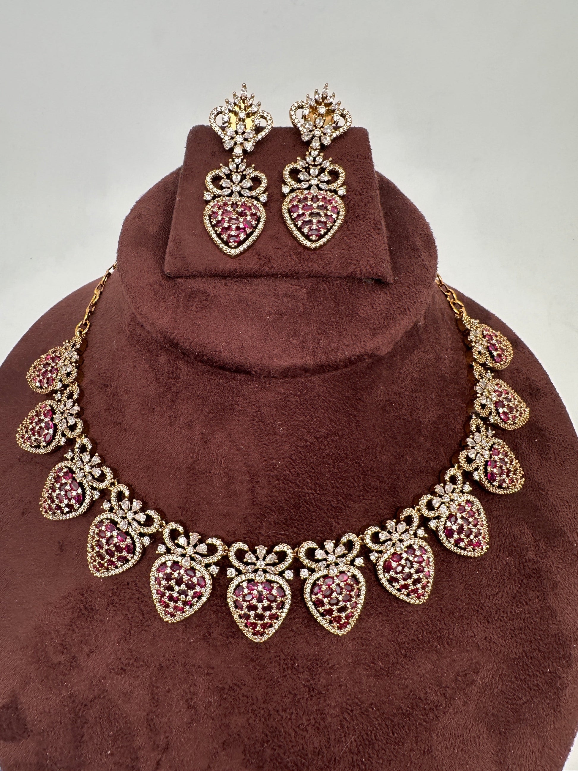 CZ Victorian Color Stone Nano Setting Neckline Necklace - Red