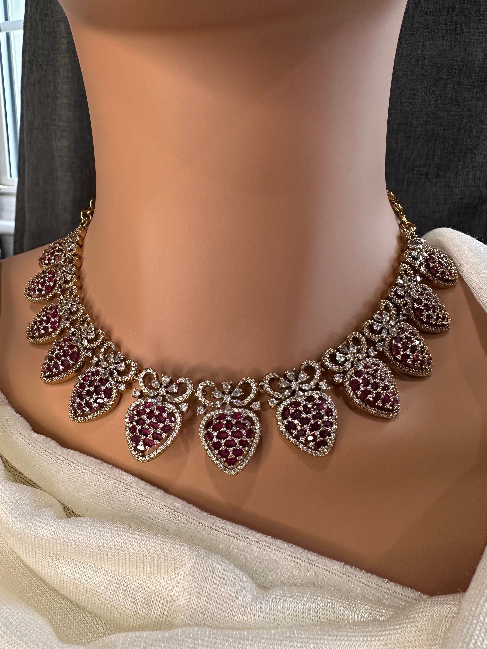 CZ Victorian Color Stone Nano Setting Neckline Necklace - Red