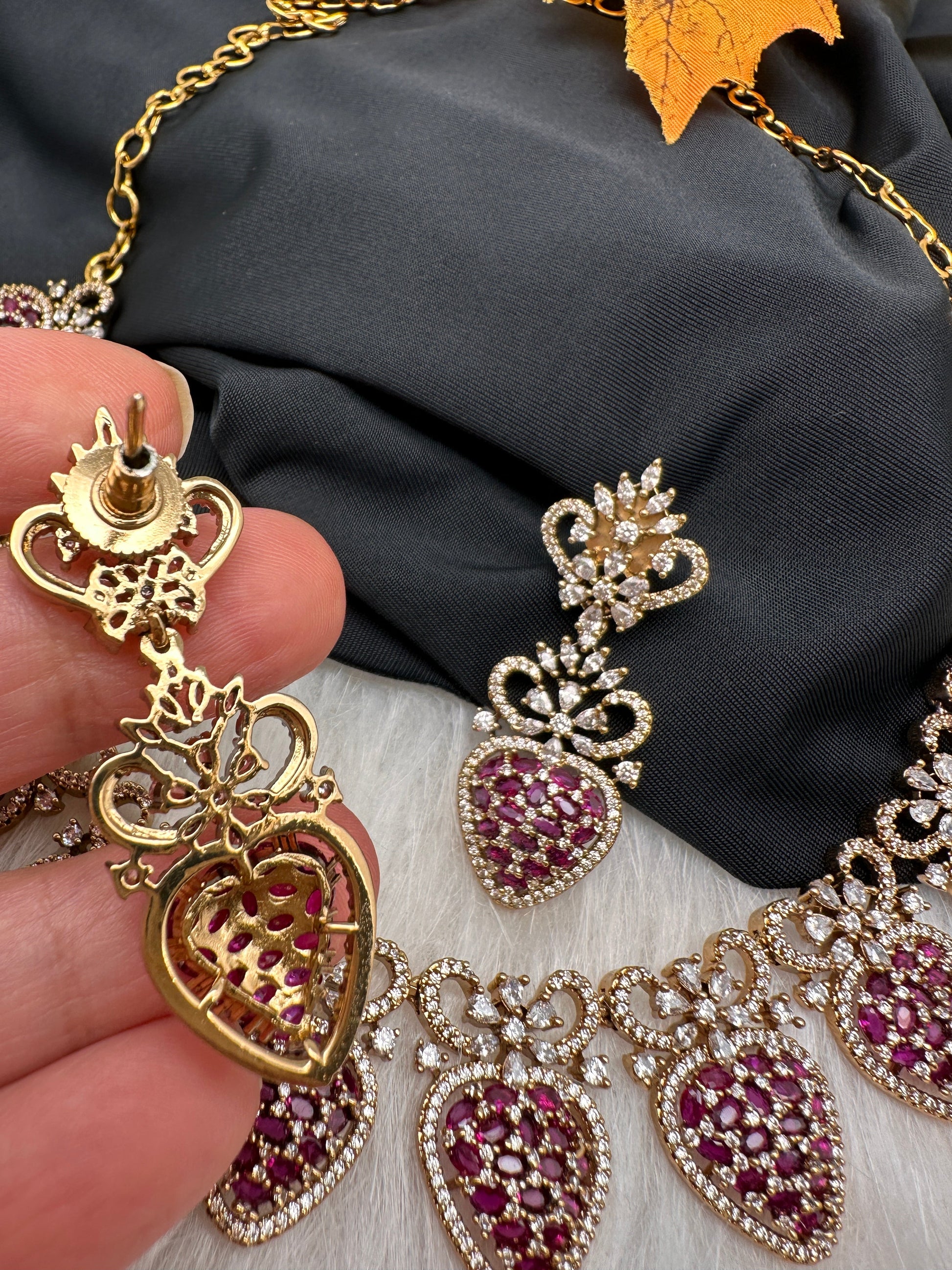 CZ Victorian Color Stone Nano Setting Neckline Necklace - Red