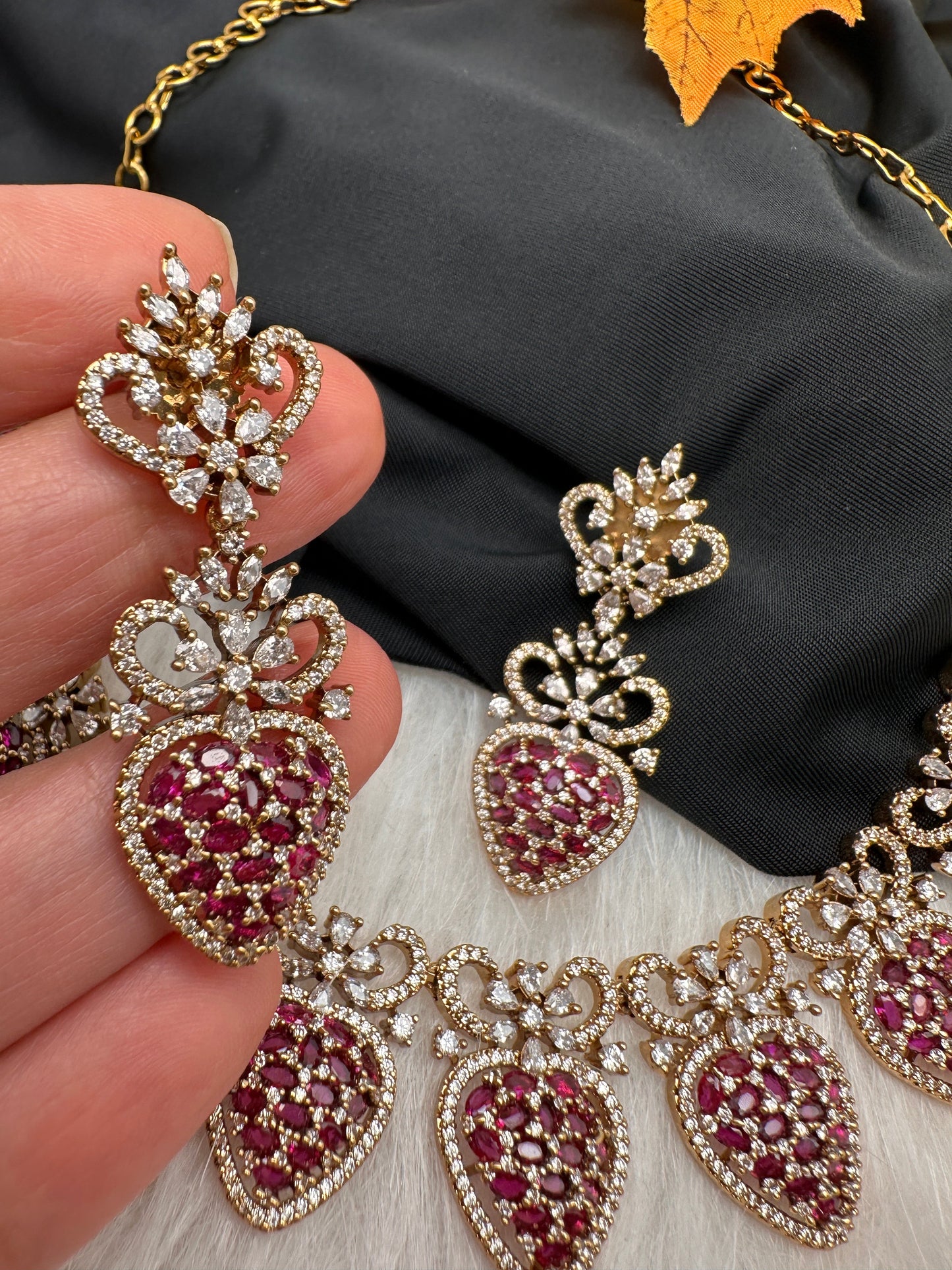 CZ Victorian Color Stone Nano Setting Neckline Necklace - Red