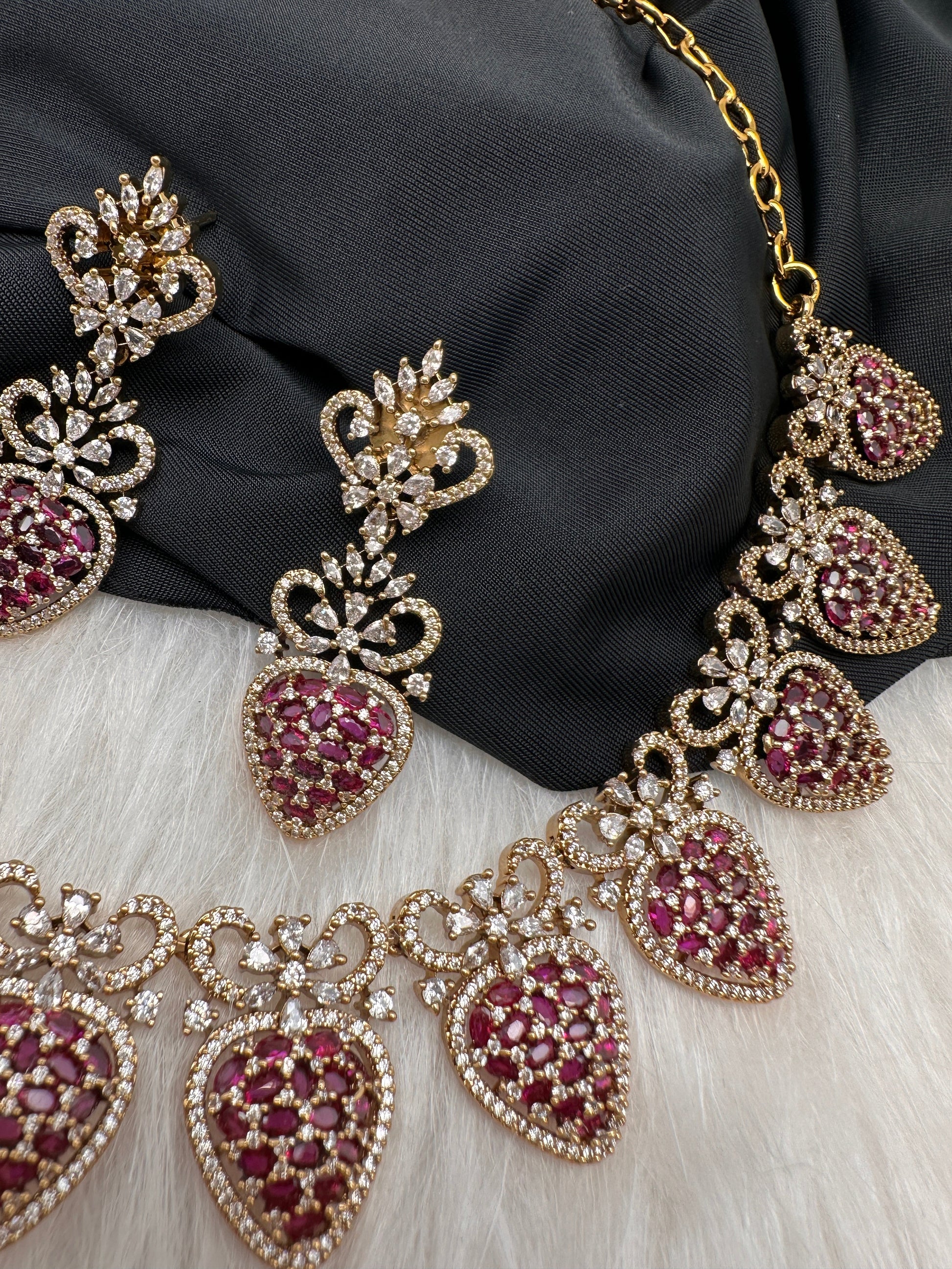 CZ Victorian Color Stone Nano Setting Neckline Necklace - Red
