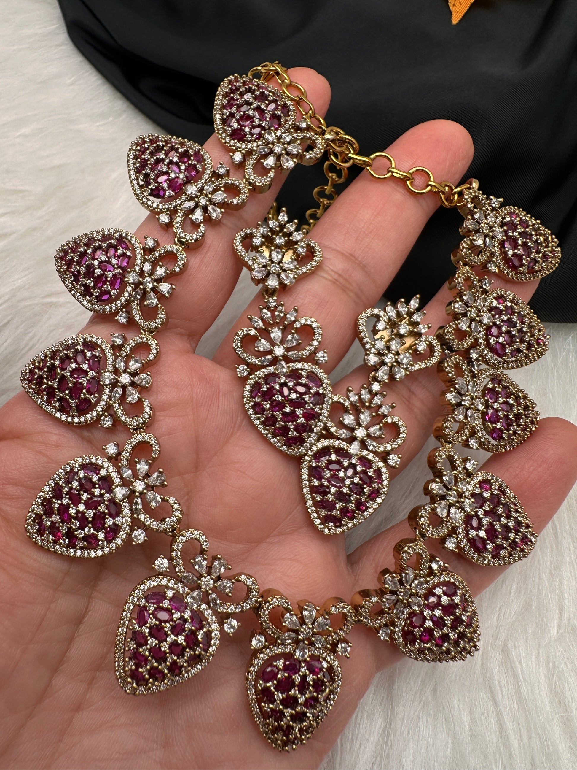 CZ Victorian Color Stone Nano Setting Neckline Necklace - Red