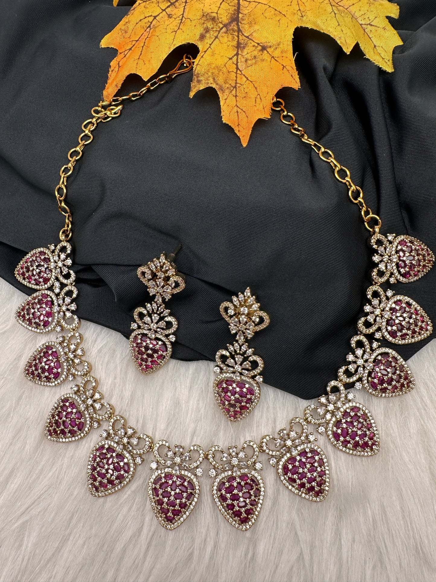 CZ Victorian Color Stone Nano Setting Neckline Necklace - Red