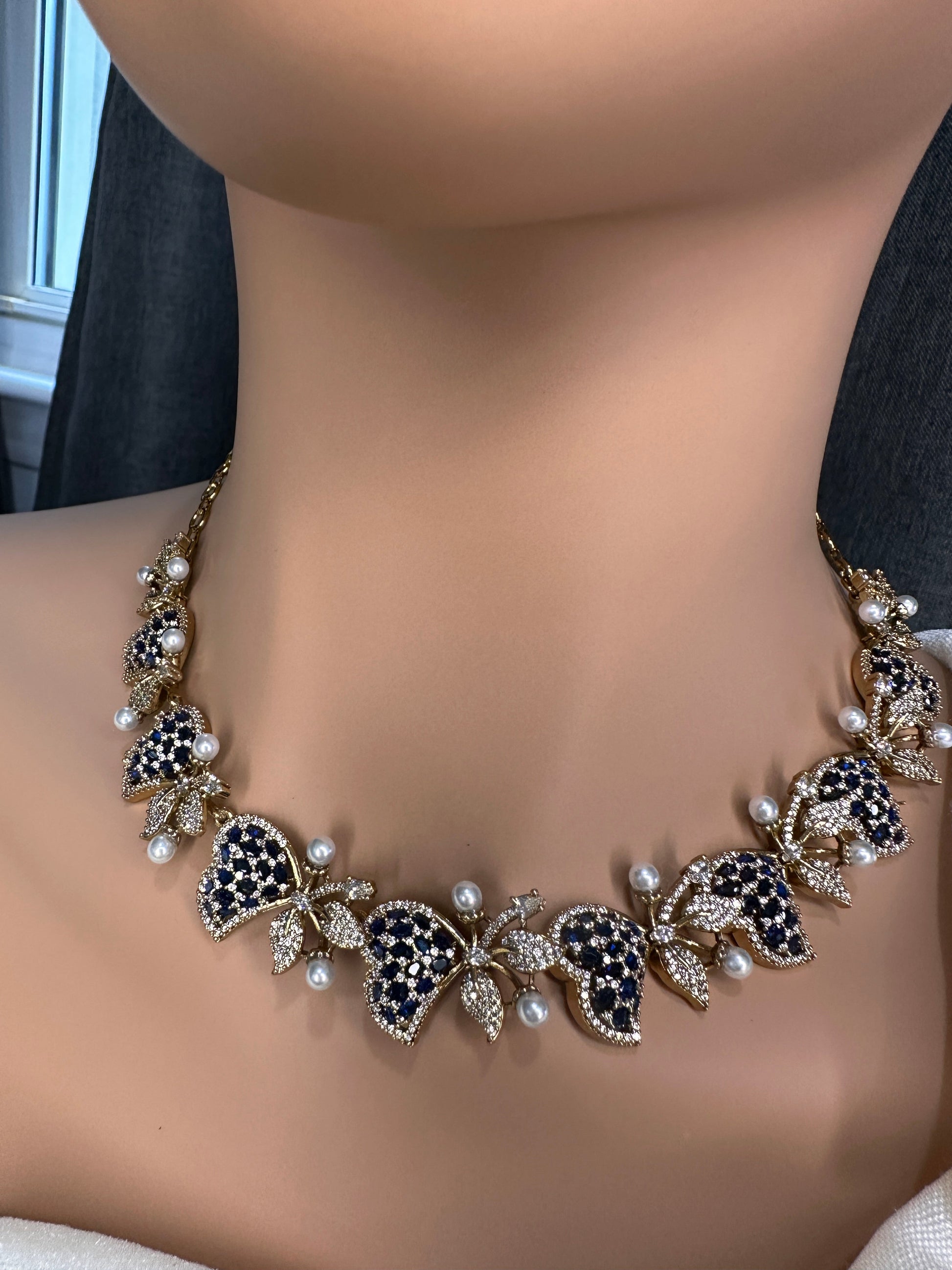CZ Victorian Color Stone Nano Setting Neckline Necklace - Blue