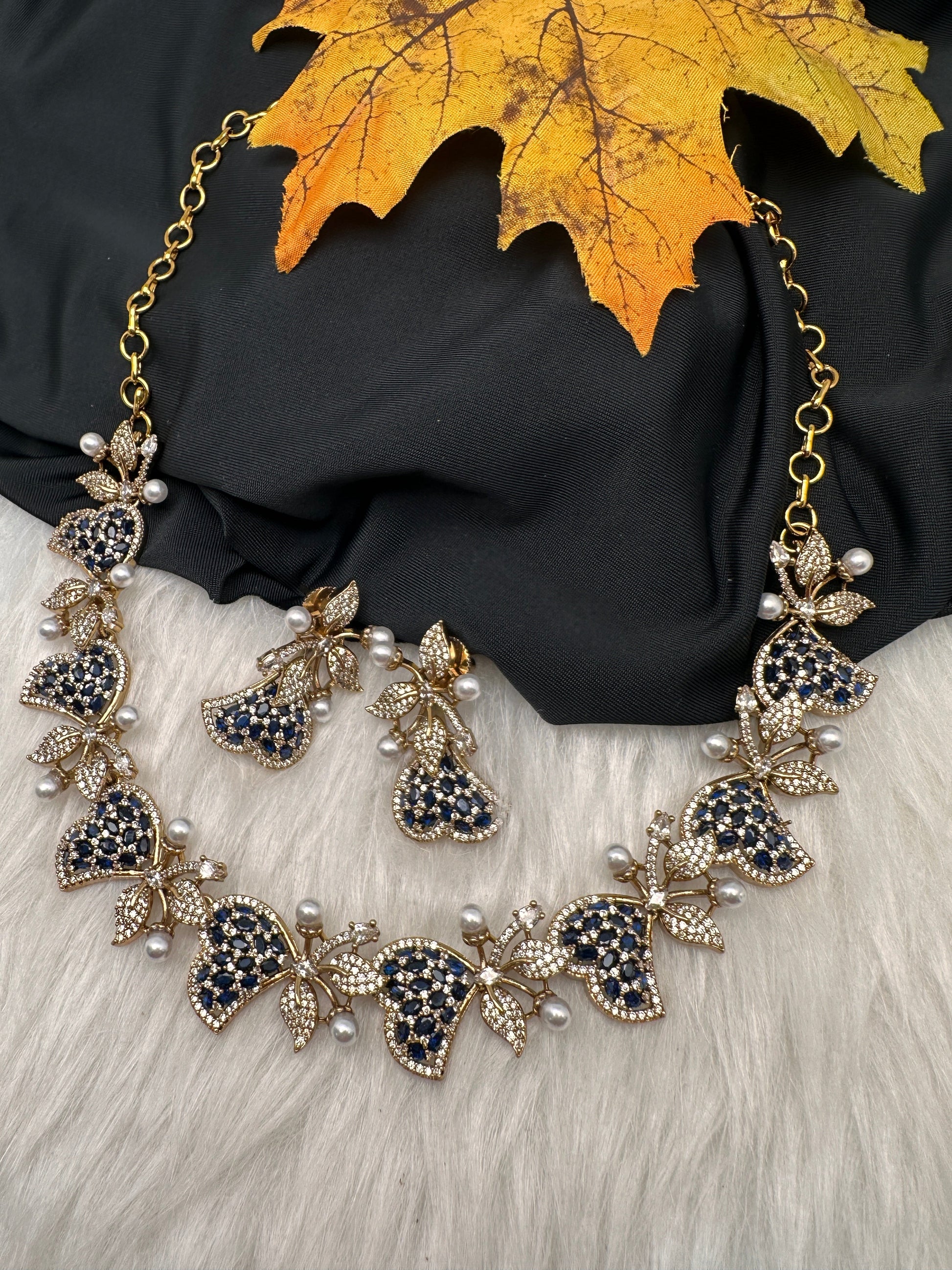CZ Victorian Color Stone Nano Setting Neckline Necklace - Blue