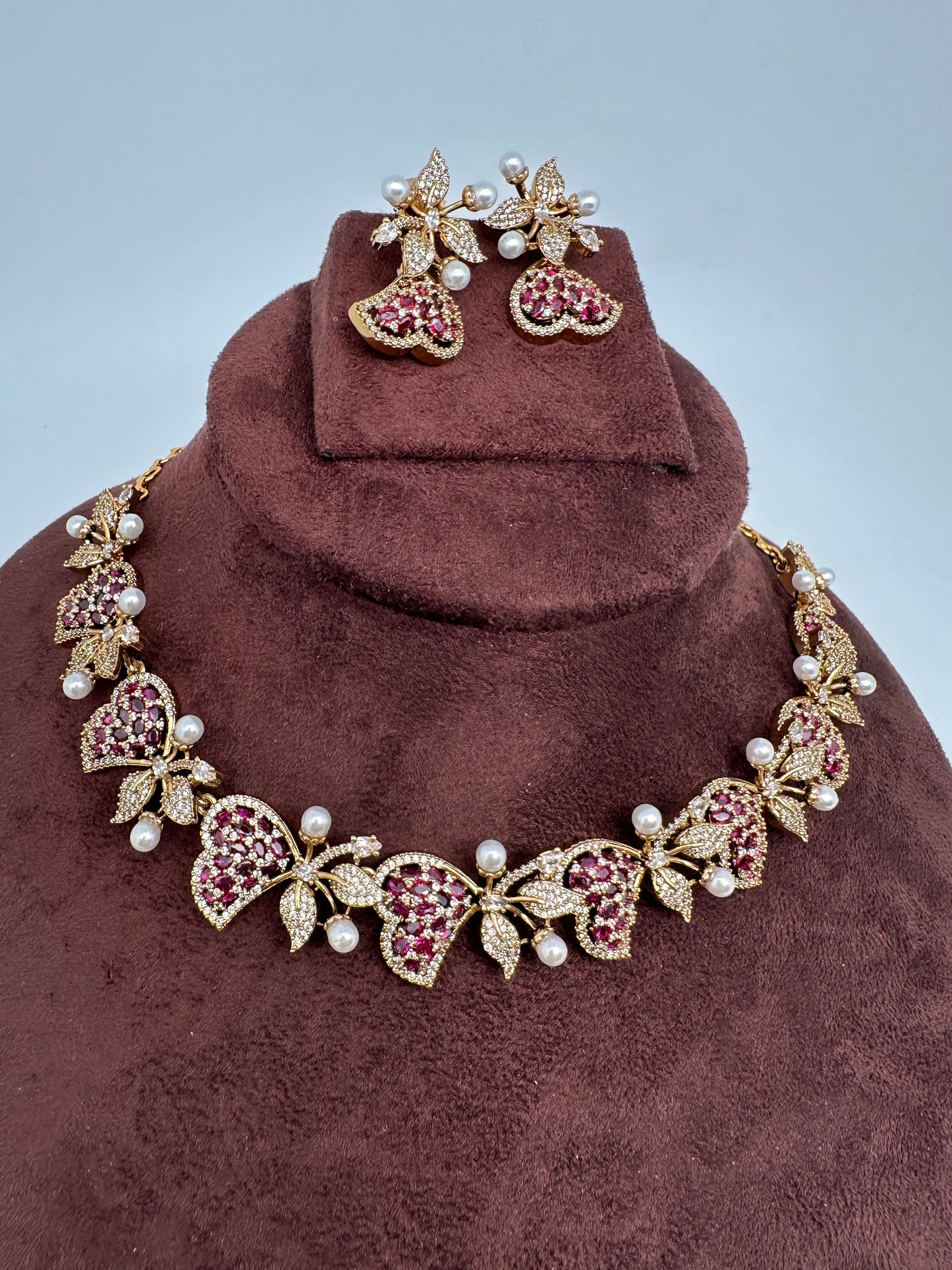 CZ Victorian Color Stone Nano Setting Neckline Necklace - Red
