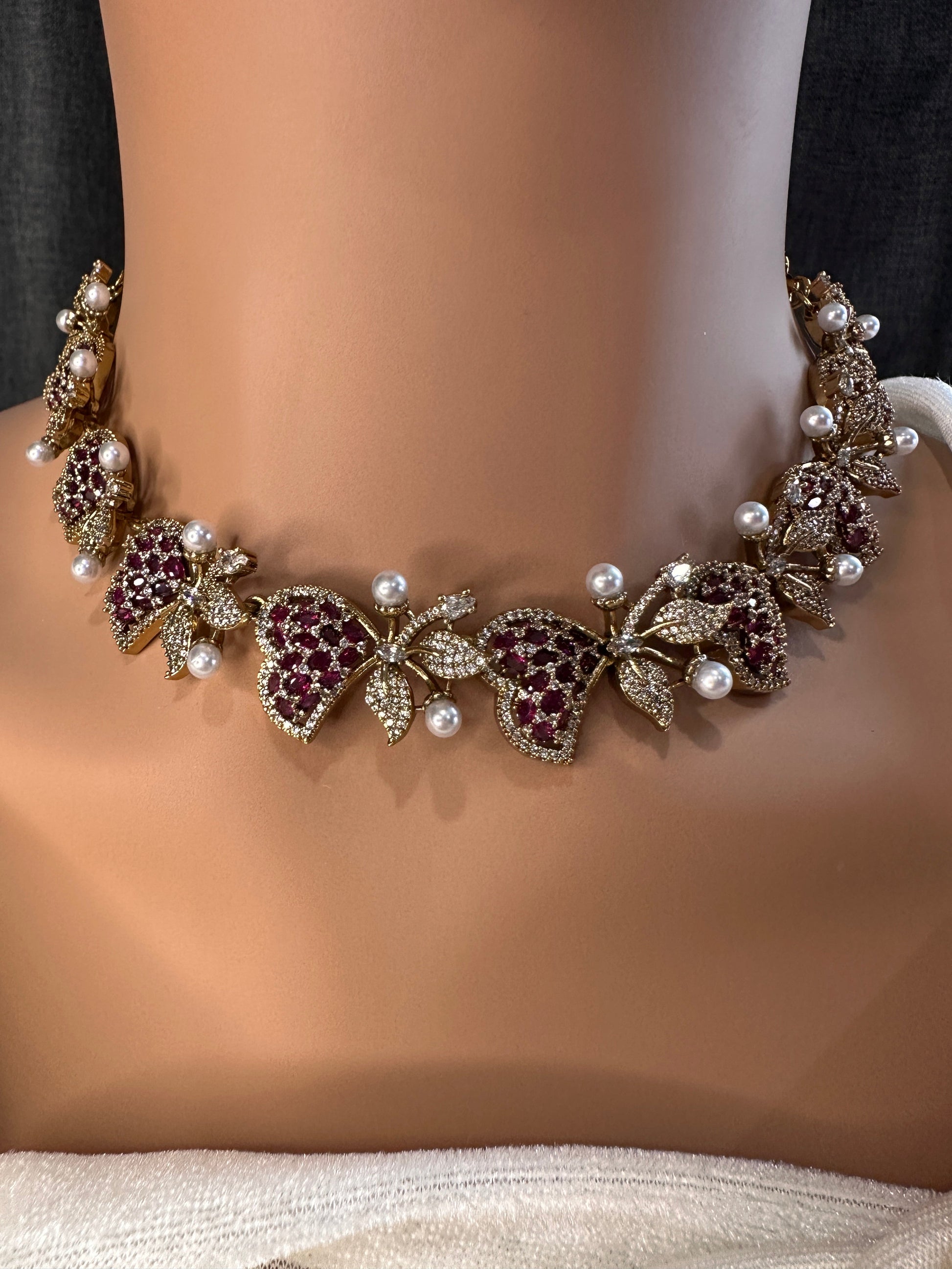CZ Victorian Color Stone Nano Setting Neckline Necklace - Red