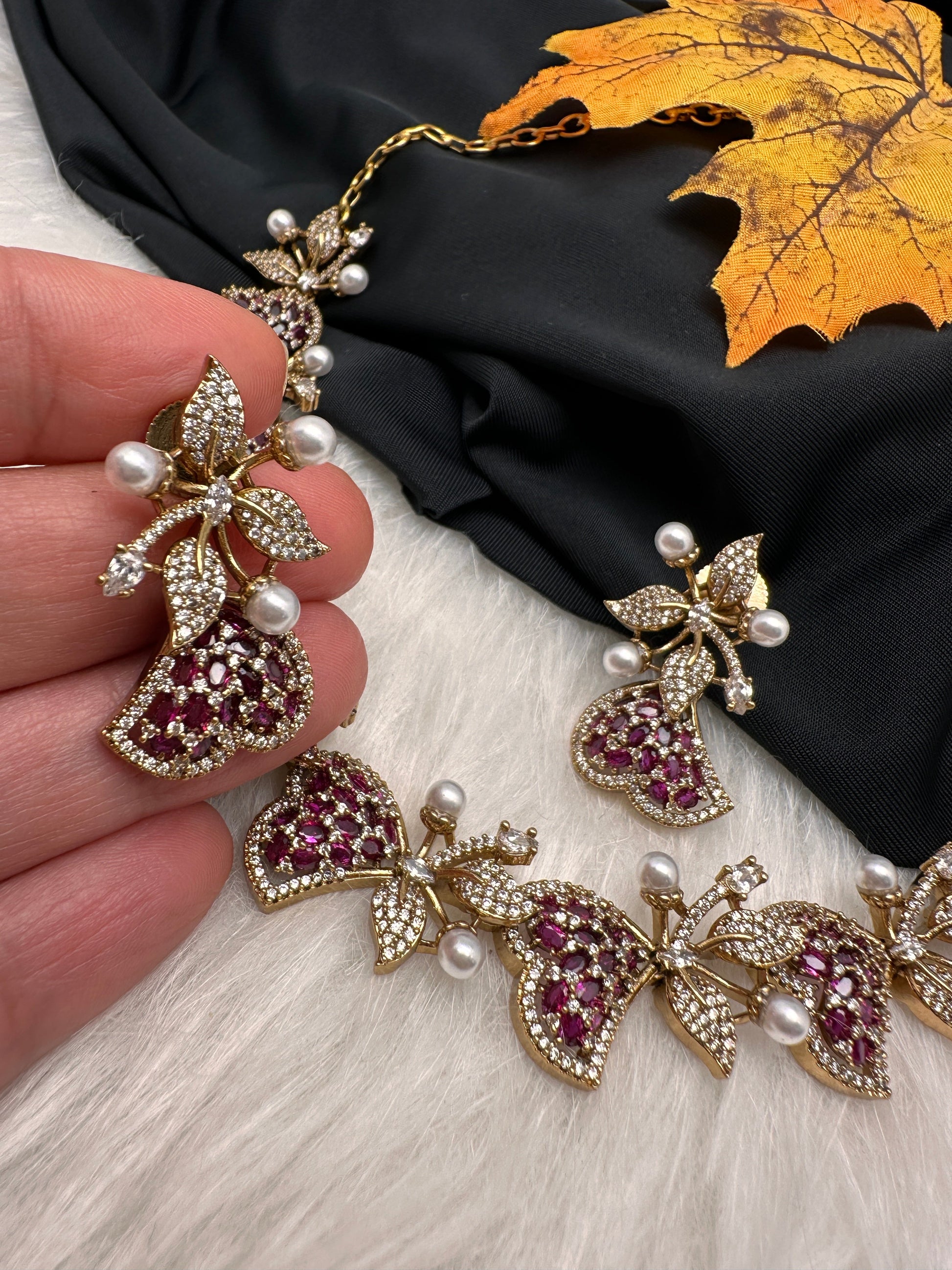 CZ Victorian Color Stone Nano Setting Neckline Necklace - Red
