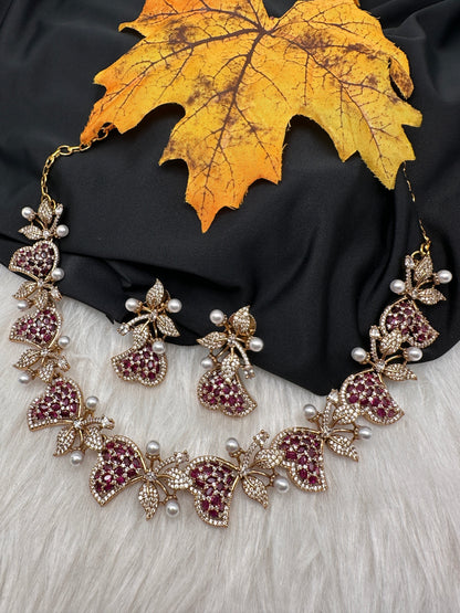 CZ Victorian Color Stone Nano Setting Neckline Necklace - Red