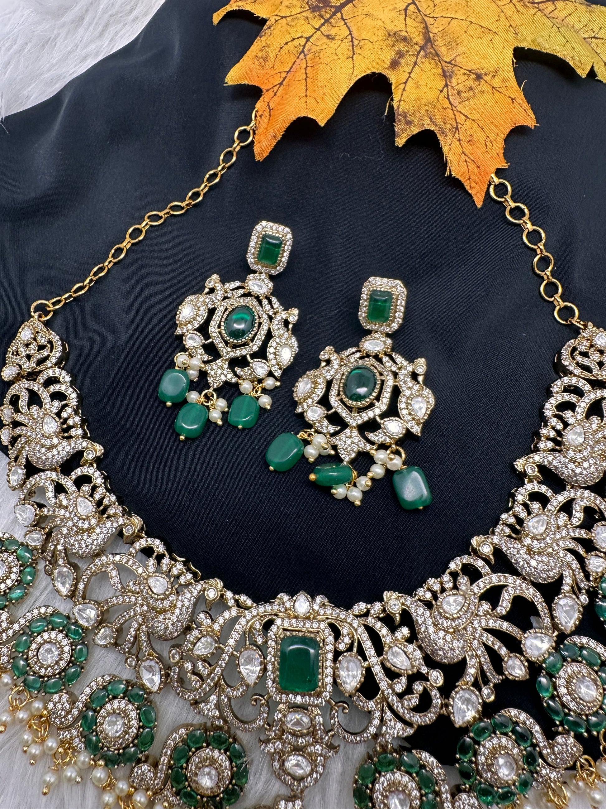 Moissanite  Victorian Color Stone Statement Neckline Necklace - Green