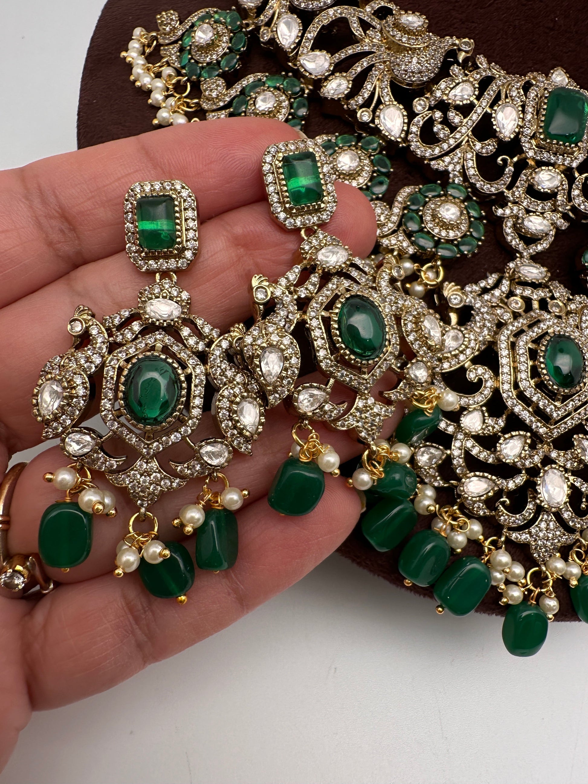 Moissanite  Victorian Color Stone Statement Neckline Necklace - Green