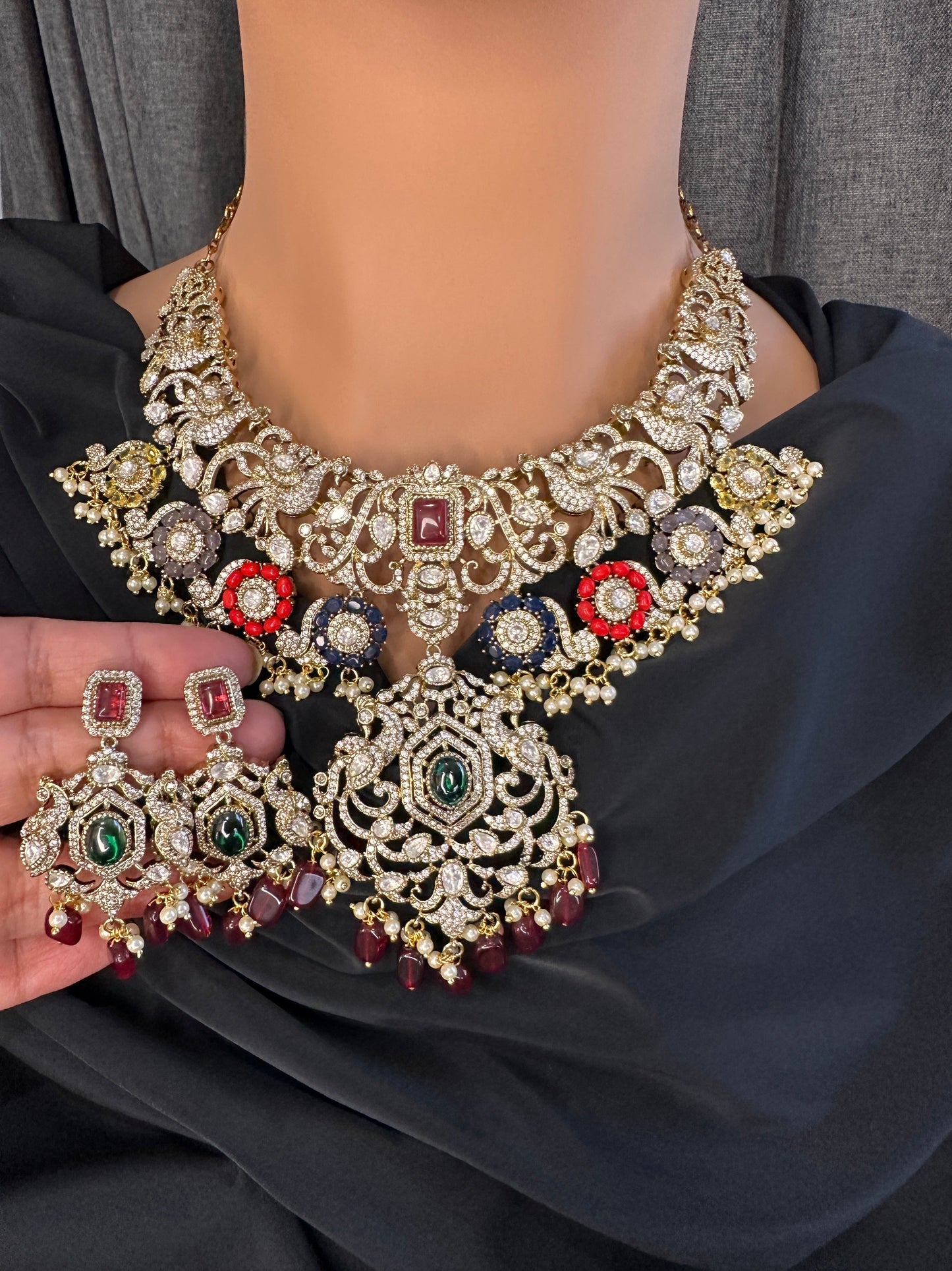 Moissanite  Victorian Color Stone Statement Neckline Necklace - Multi