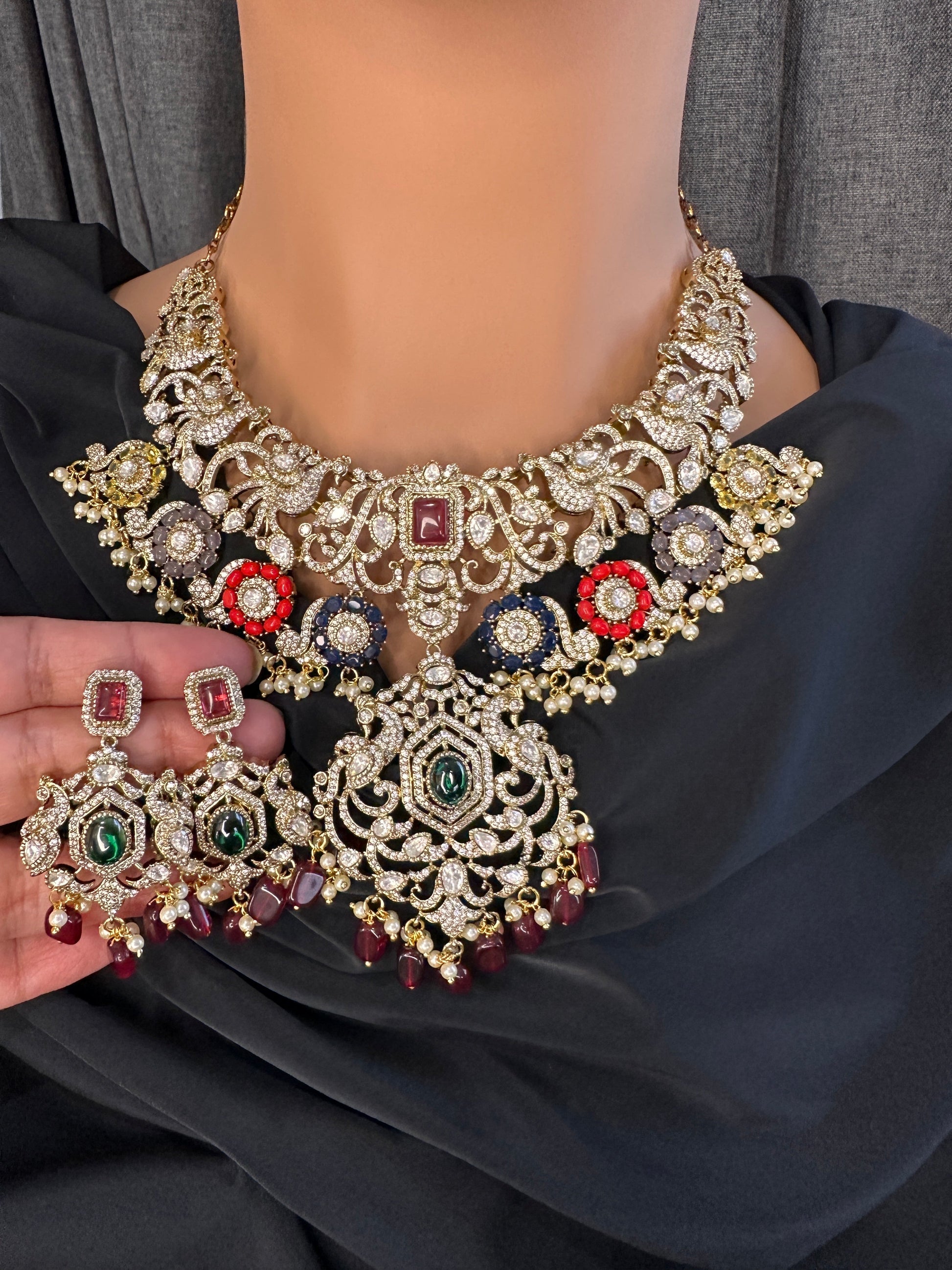 Moissanite  Victorian Color Stone Statement Neckline Necklace - Multi