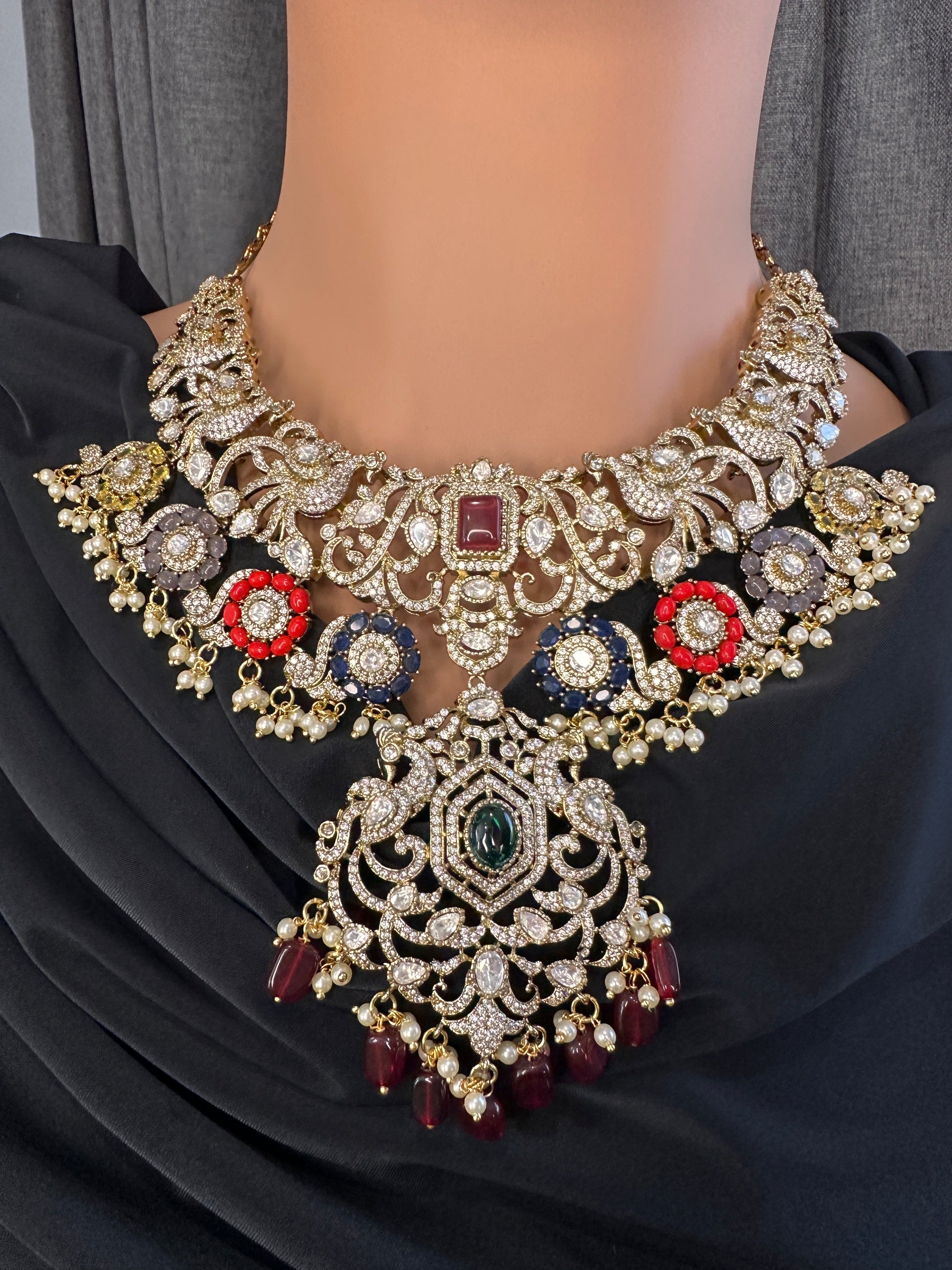 Moissanite  Victorian Color Stone Statement Neckline Necklace - Multi