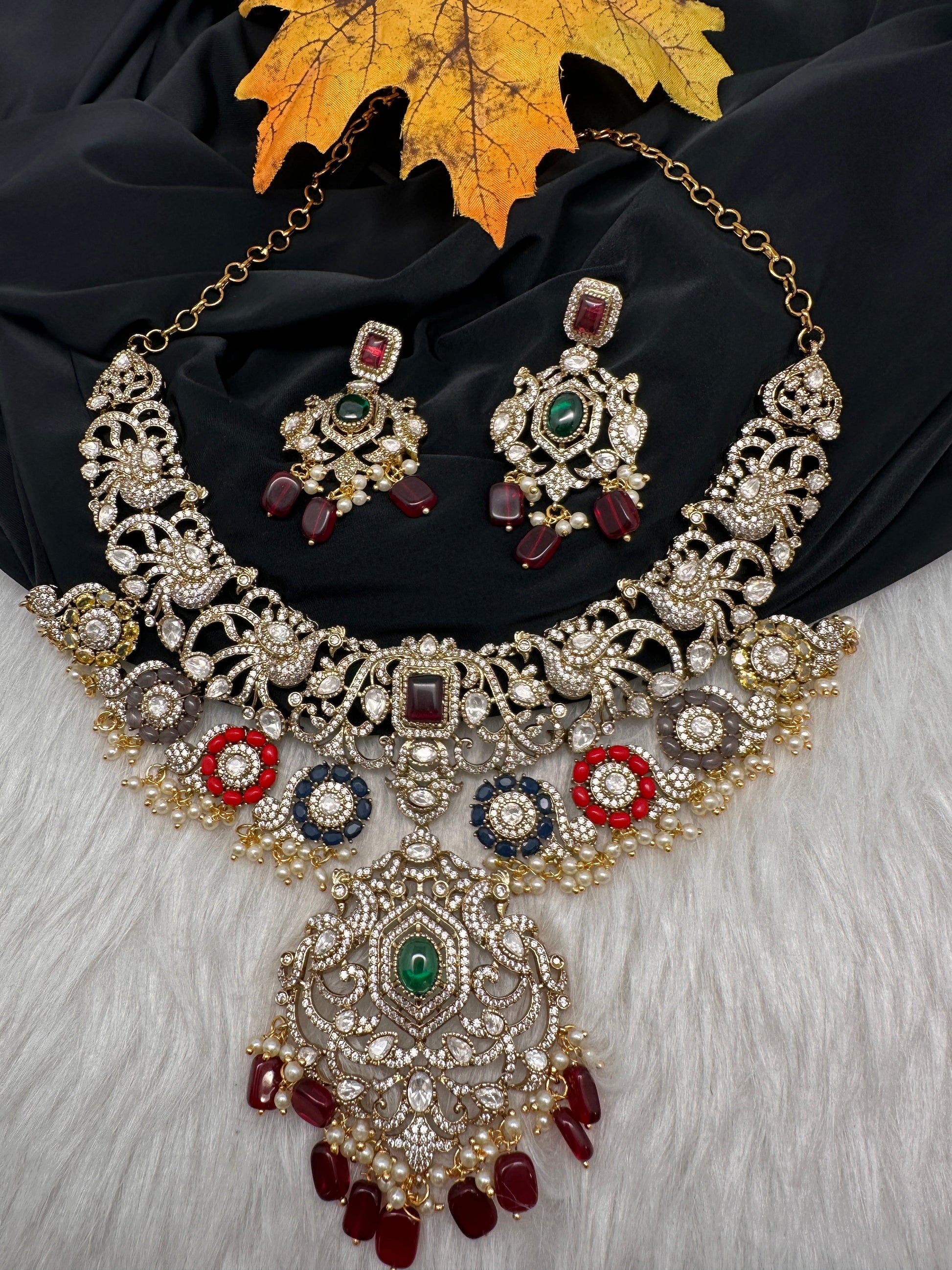 Moissanite  Victorian Color Stone Statement Neckline Necklace - Multi