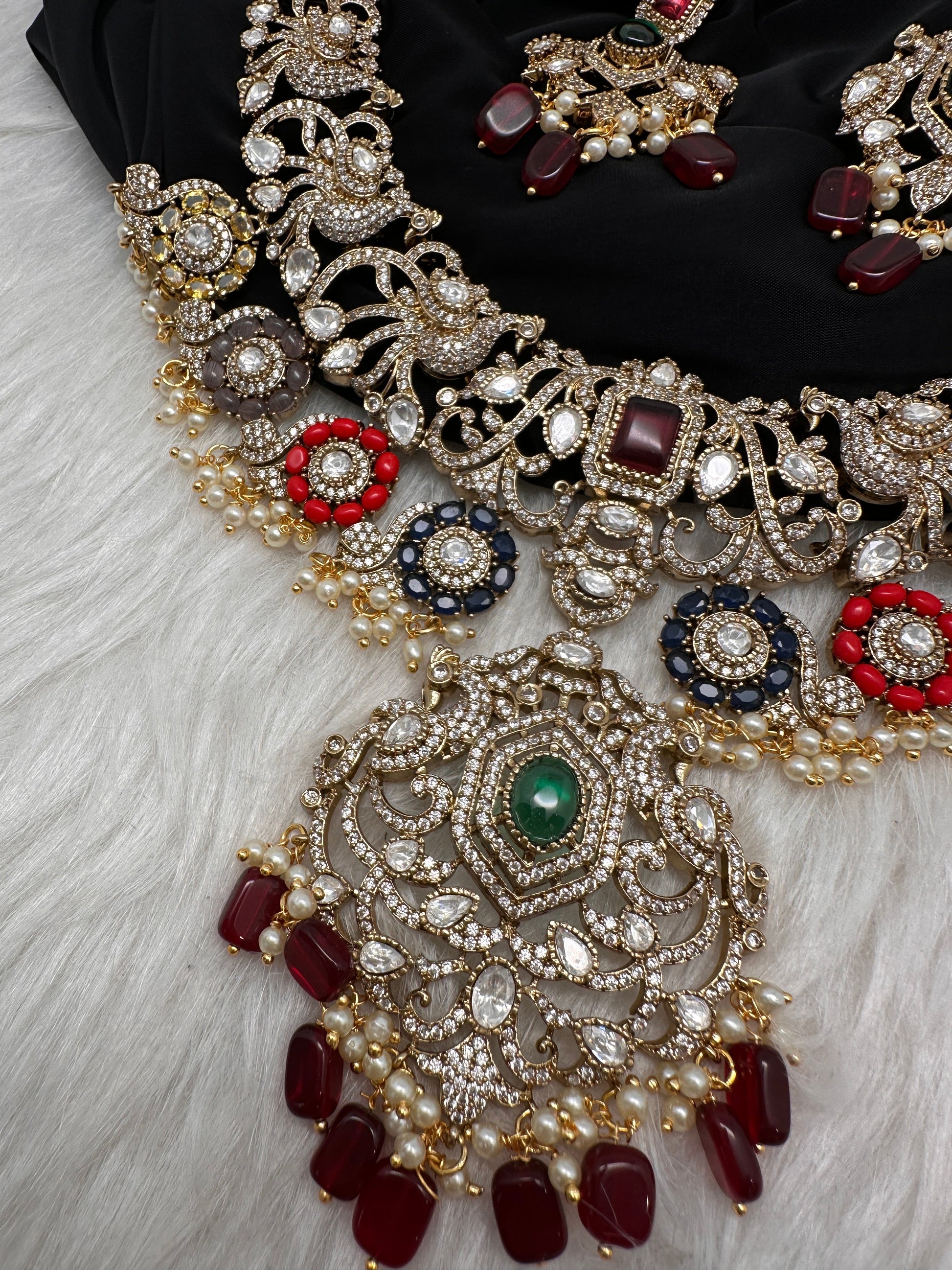 Moissanite  Victorian Color Stone Statement Neckline Necklace - Multi
