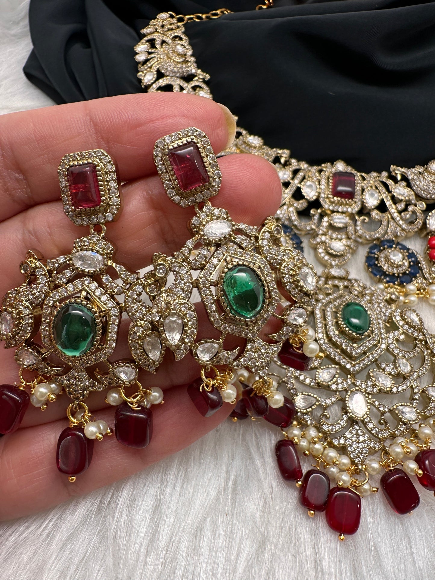 Moissanite  Victorian Color Stone Statement Neckline Necklace - Multi