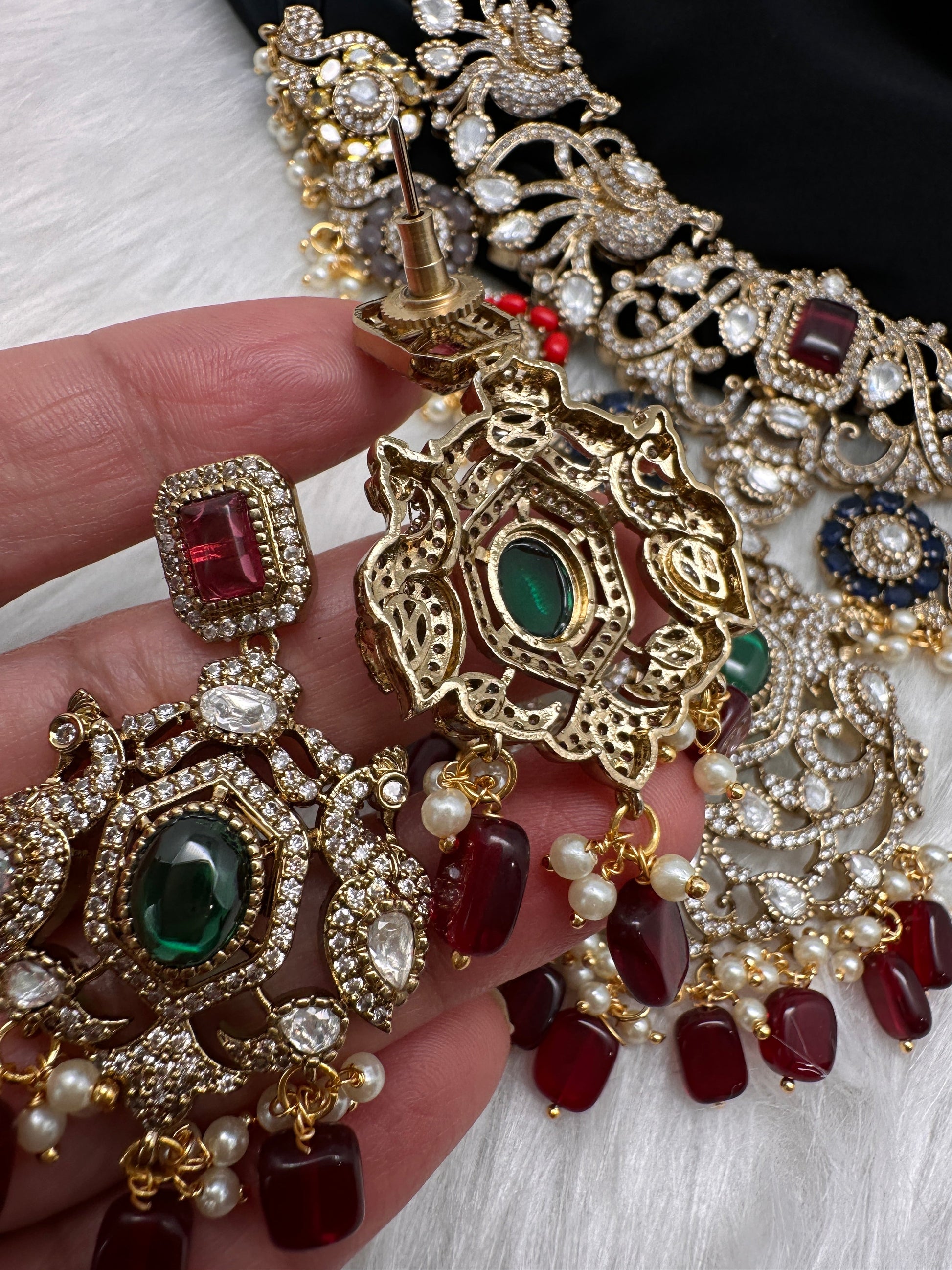 Moissanite  Victorian Color Stone Statement Neckline Necklace - Multi