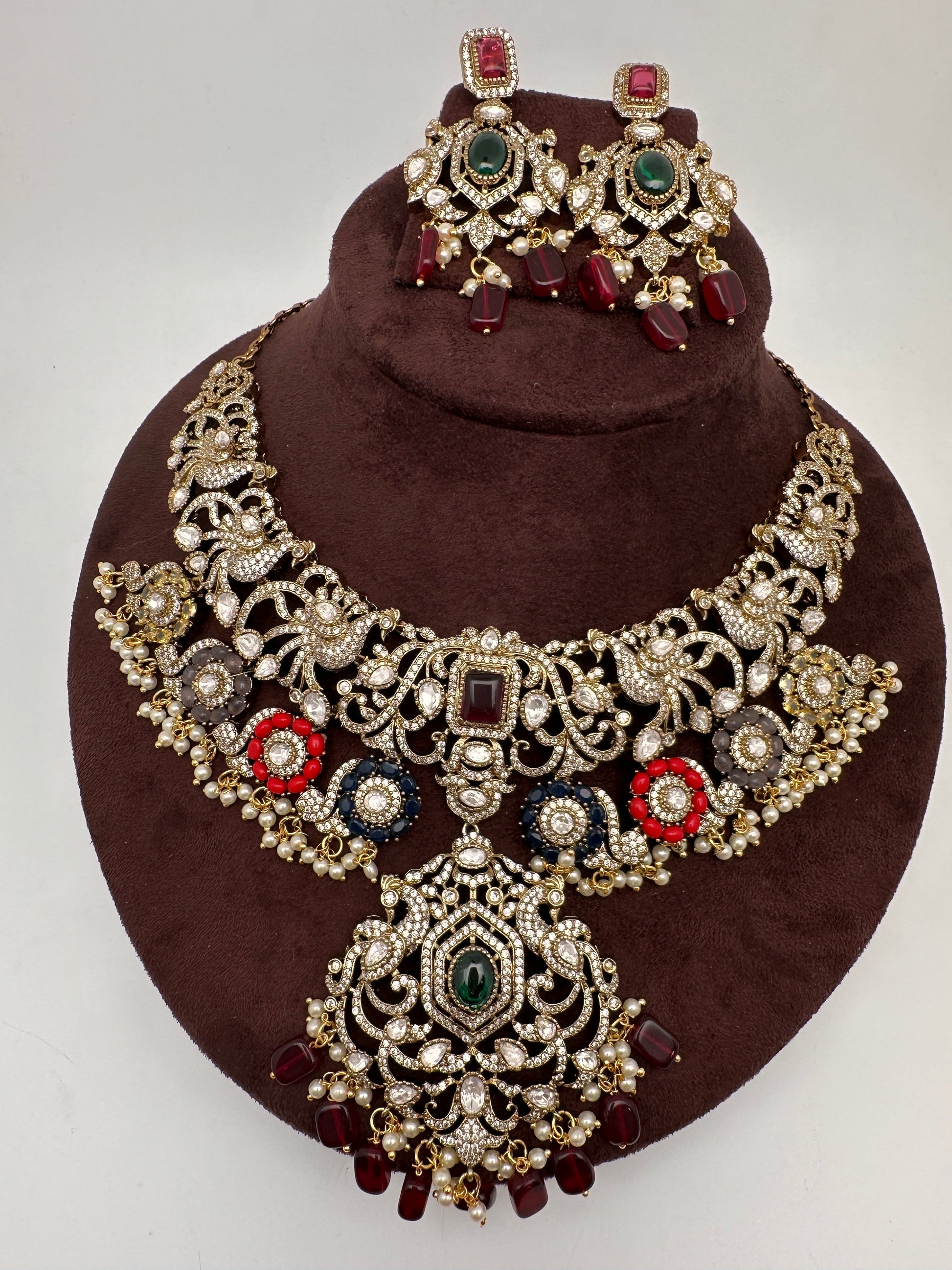 Moissanite  Victorian Color Stone Statement Neckline Necklace - Multi
