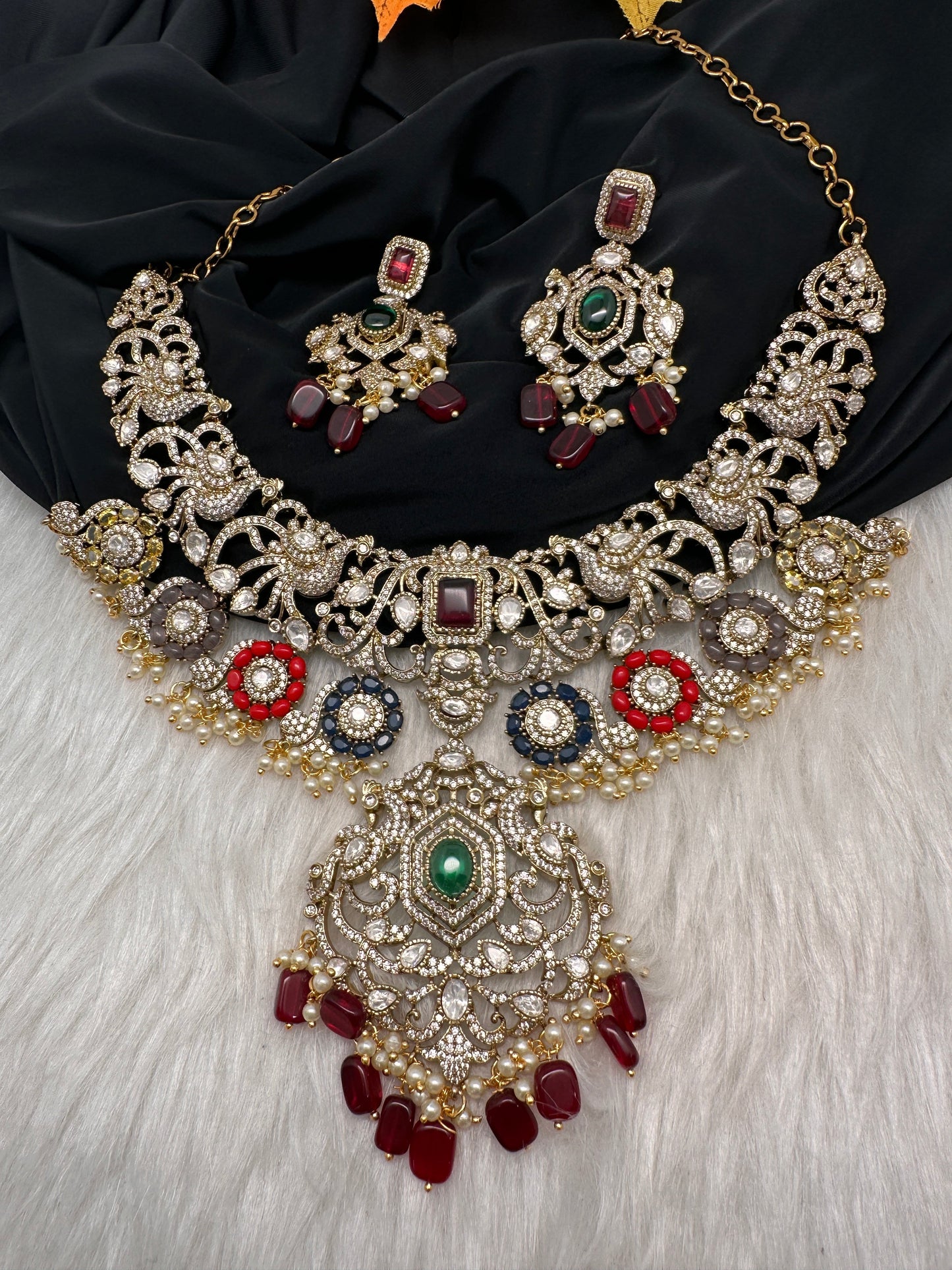 Moissanite  Victorian Color Stone Statement Neckline Necklace - Multi