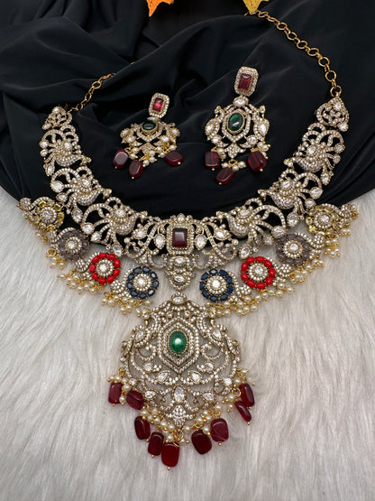Moissanite  Victorian Color Stone Statement Neckline Necklace - Multi