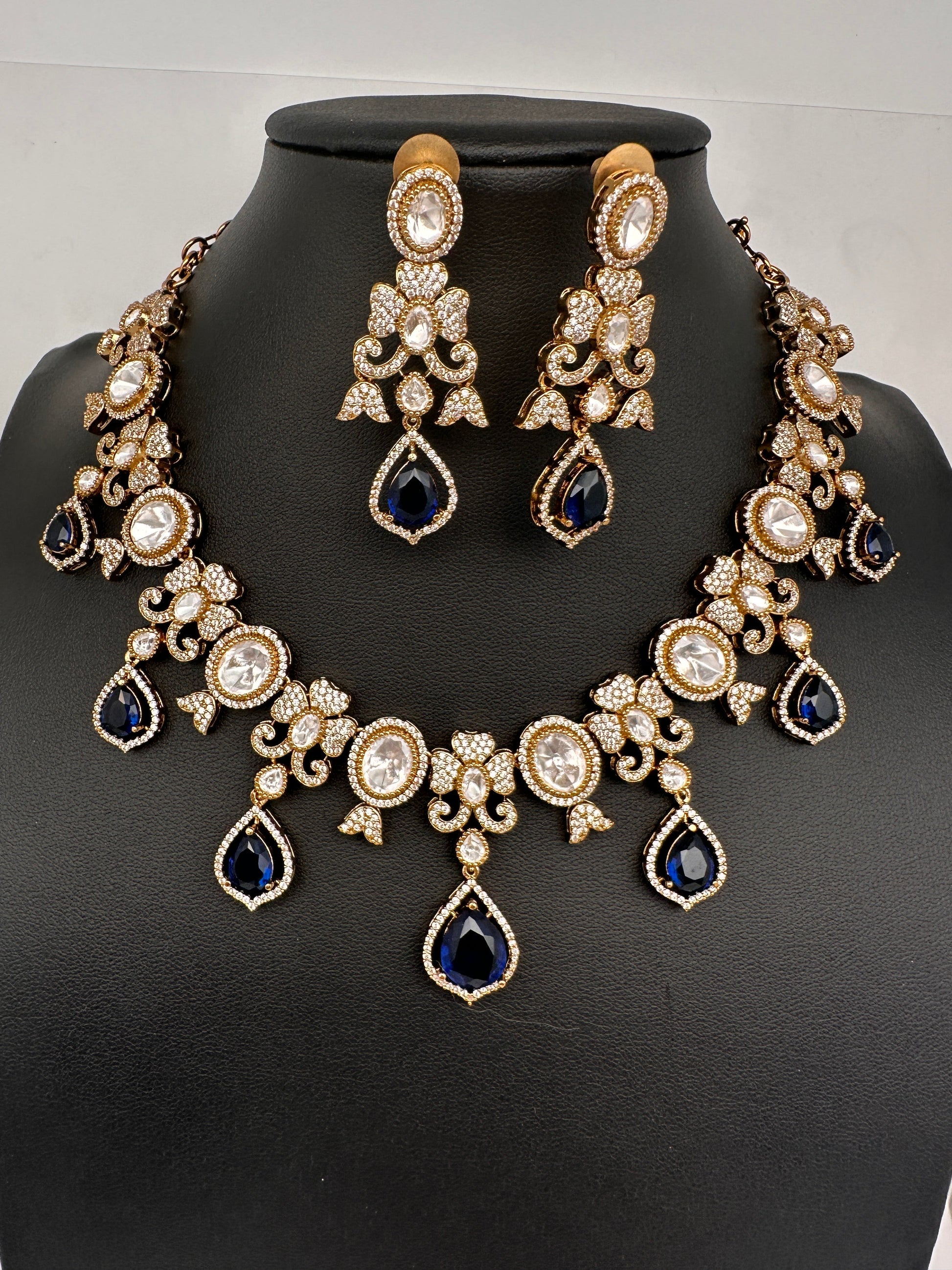 Moissanite  Victorian Color Stone CZ Neckline Necklace - Blue