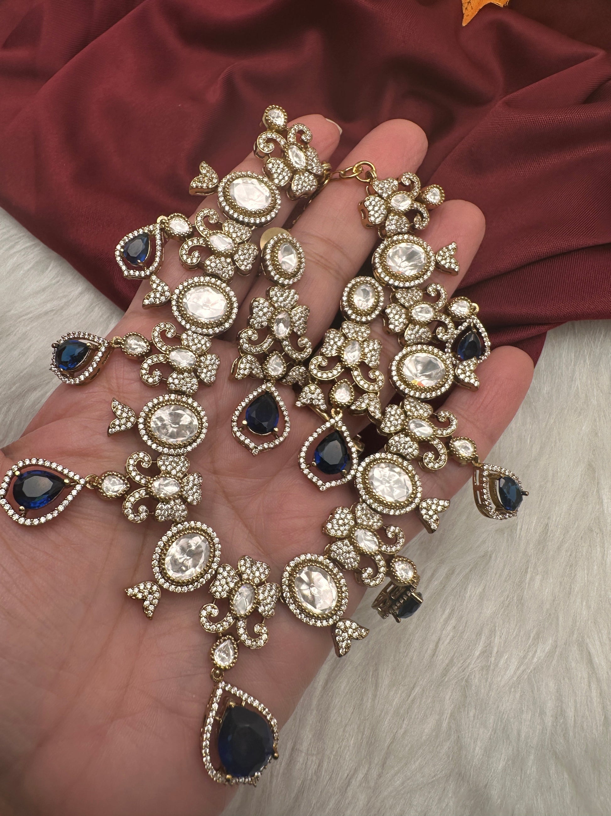 Moissanite  Victorian Color Stone CZ Neckline Necklace - Blue