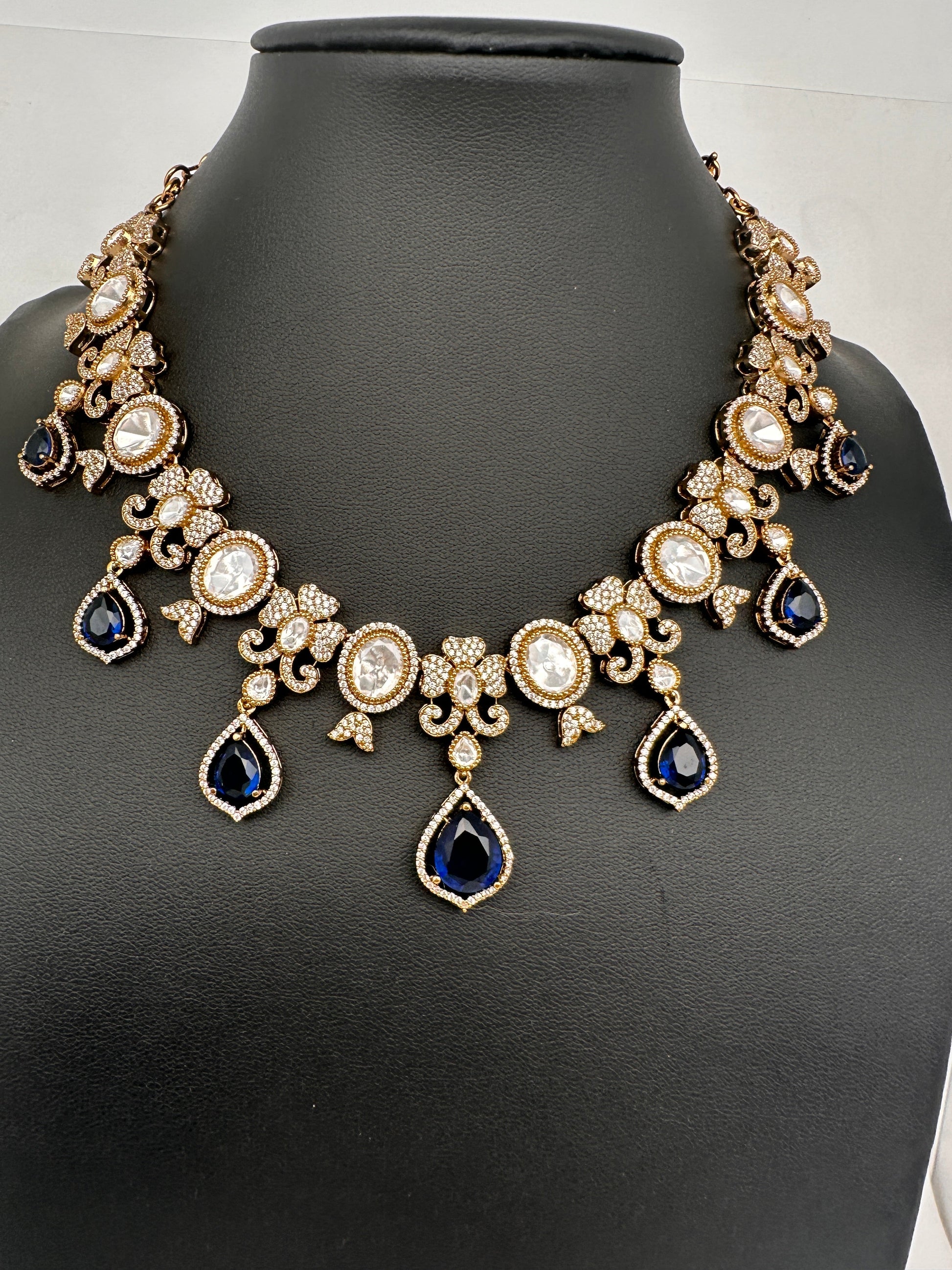 Moissanite  Victorian Color Stone CZ Neckline Necklace - Blue